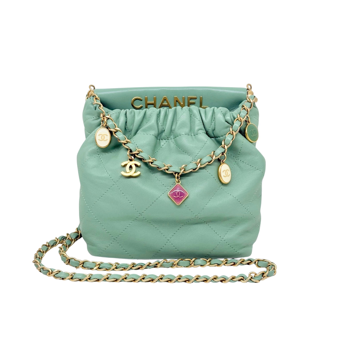 Chanel Lambskin Resin Quilted Small Bucket Bag Green (pre-owned)