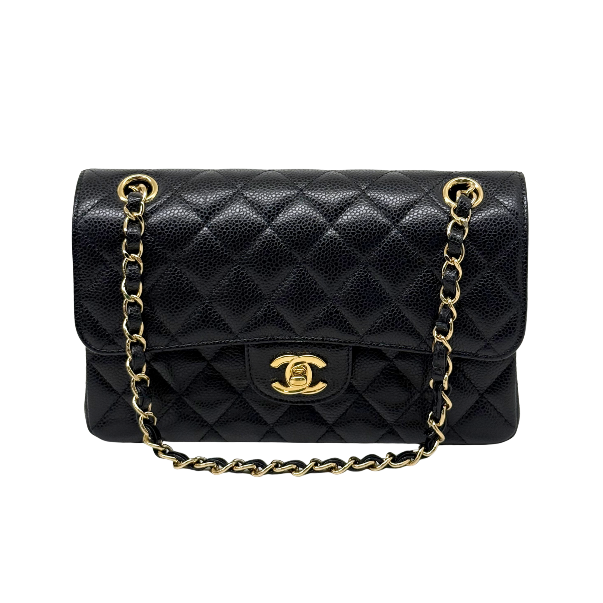 Chanel black bag caviar leather gold hardware