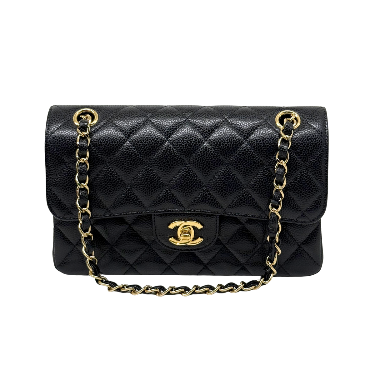 Chanel black bag caviar leather gold hardware