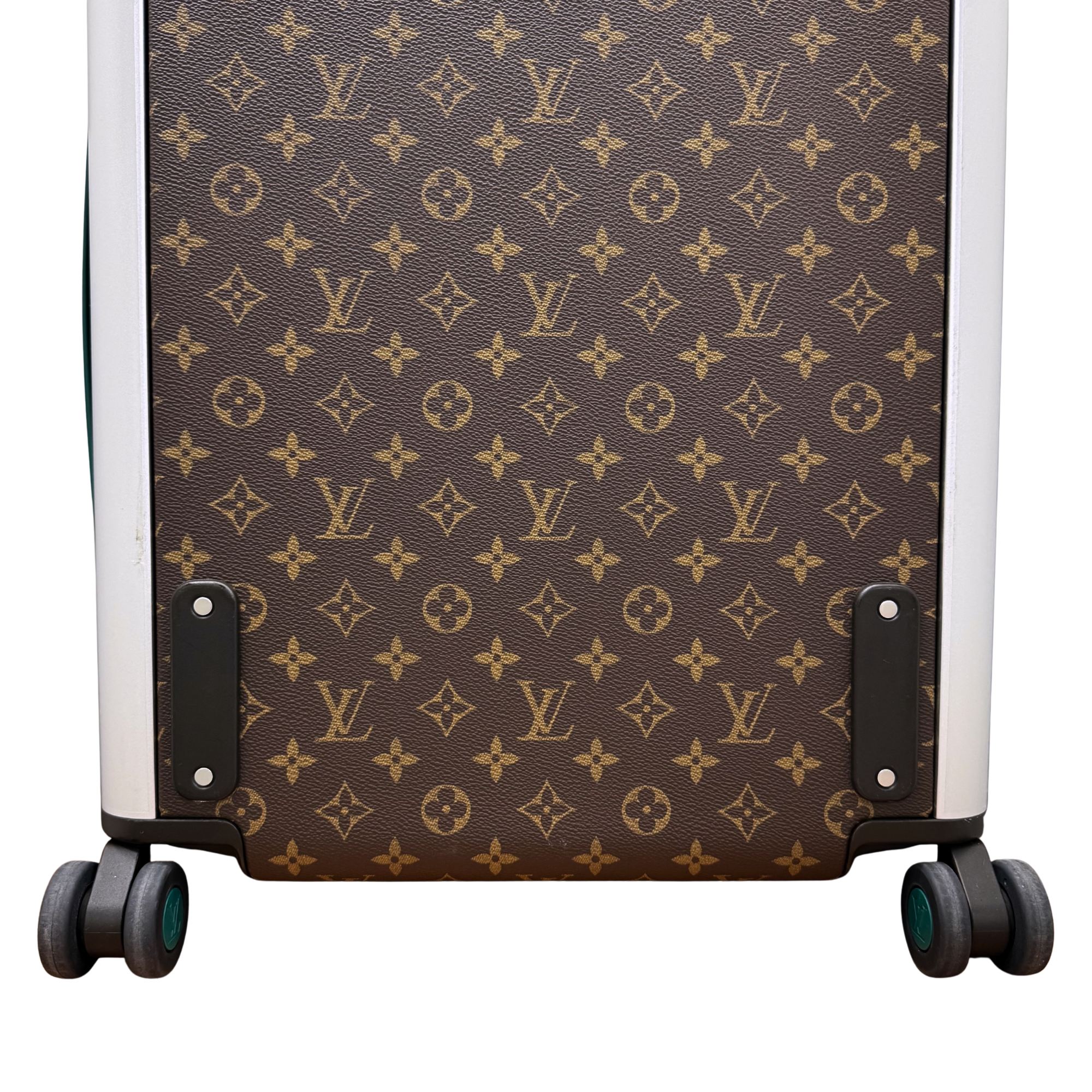 Pre-owned Louis Vuitton trunk suitcase, front view with brown monogram canvas and black corner straps