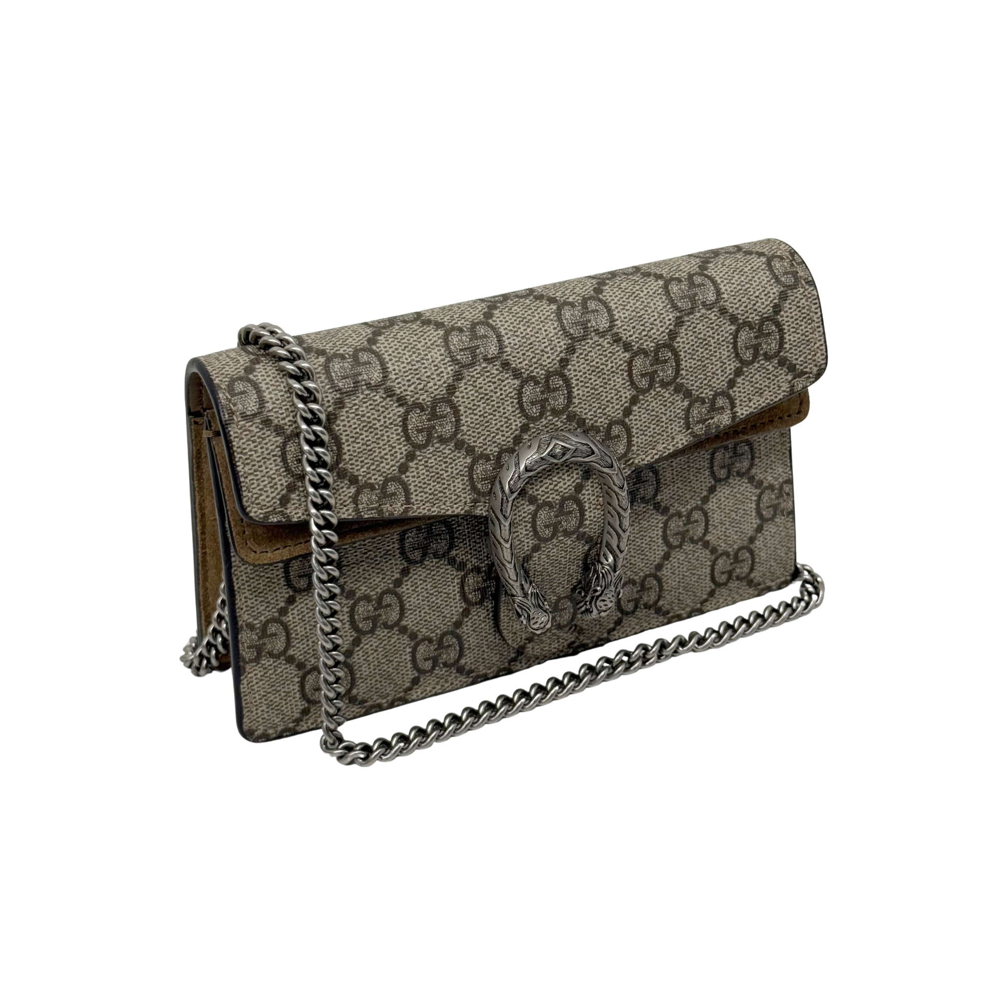 Gucci GG canvas shoulder bag with chain strap and front flap, engraved metal clasp