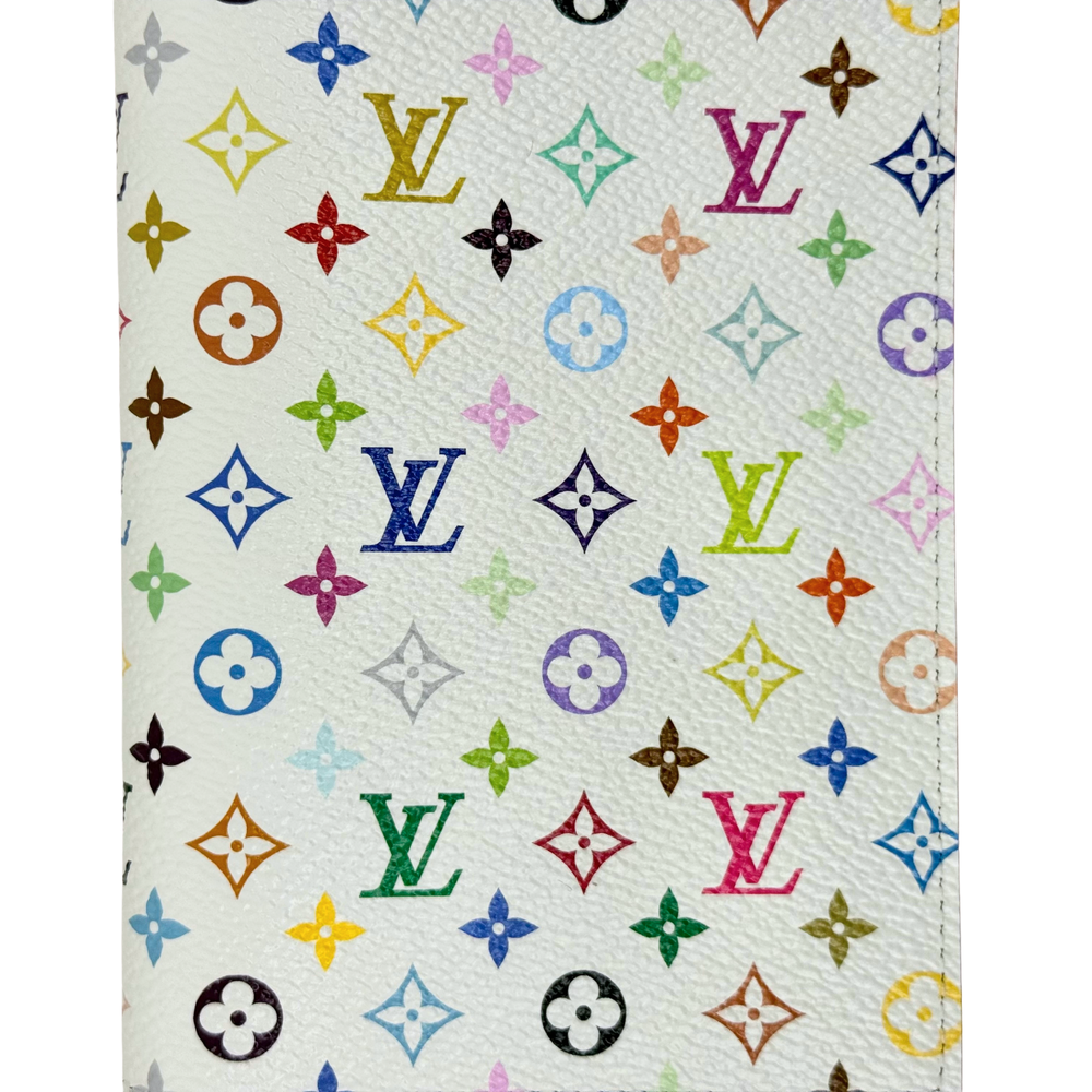 White Louis Vuitton multicolor monogram fabric close-up with small LV and flower icons
