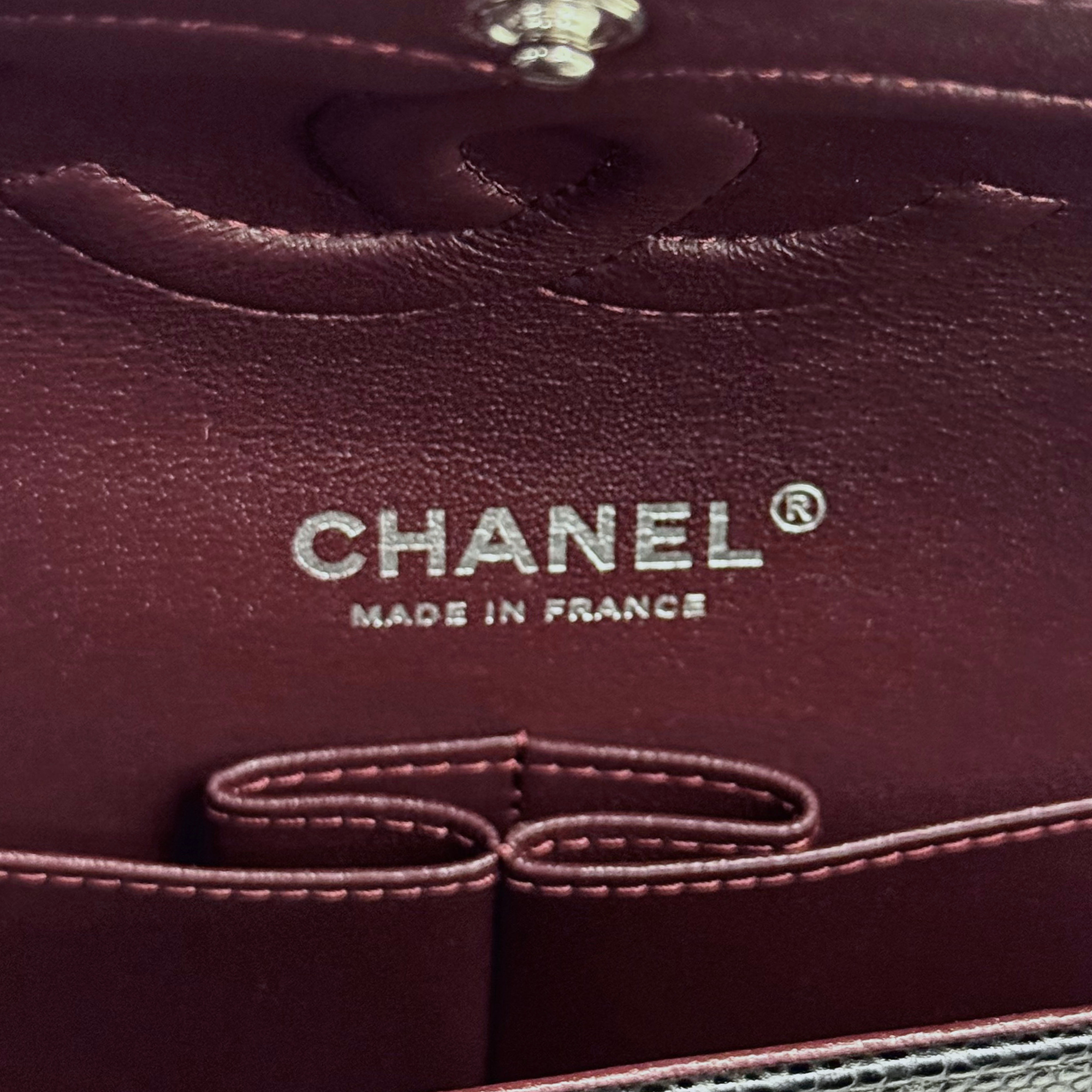 CHANEL Made in France stamp on burgundy leather interior lining