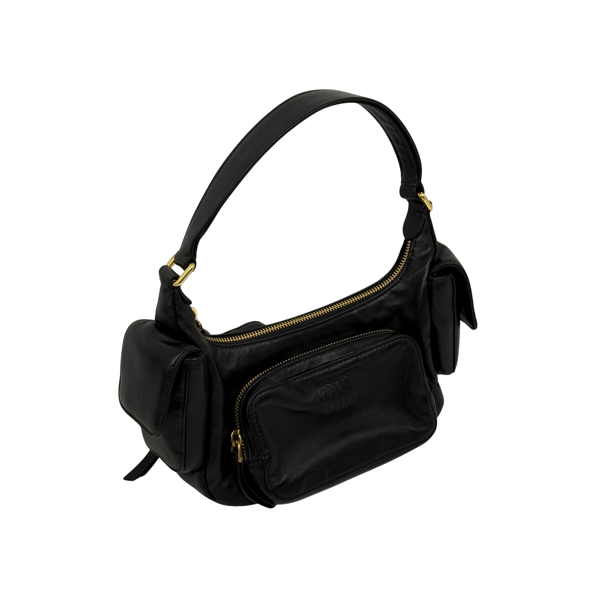 Black leather shoulder bag with gold zipper top, bow-like side ties, and carry handles