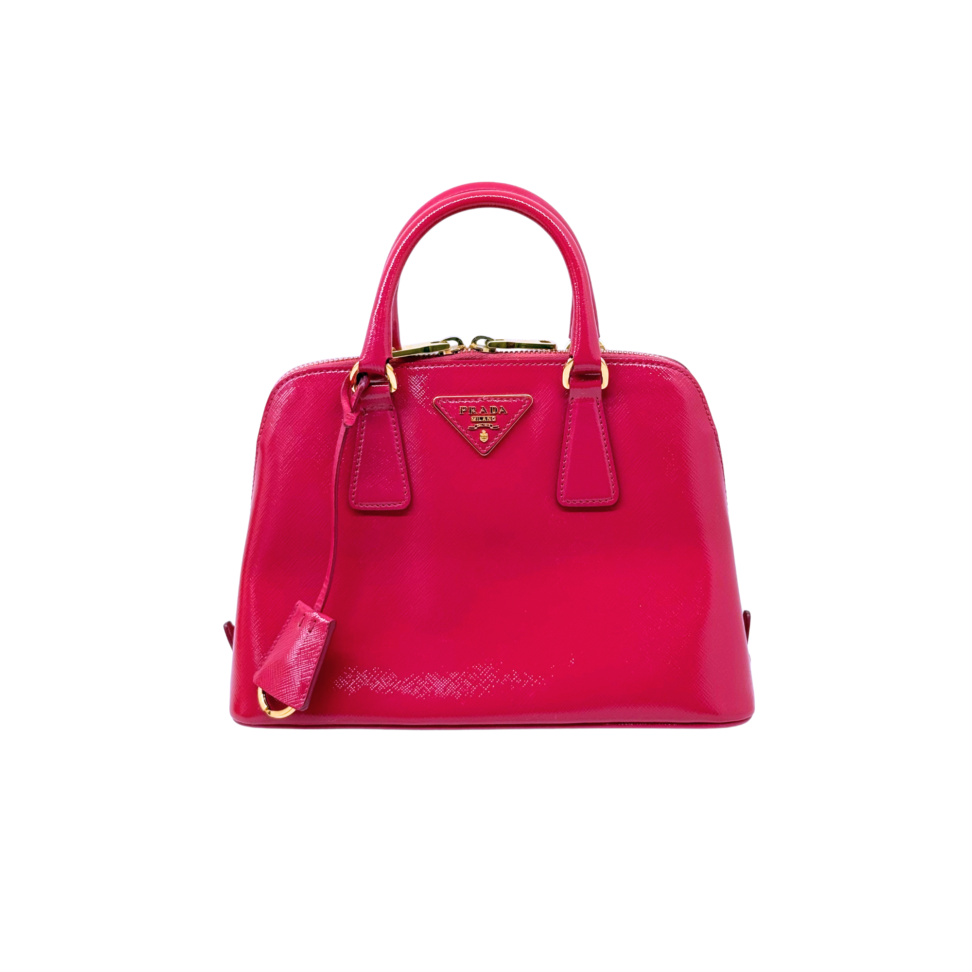 Pink Prada handbag with top handles and triangular logo plaque