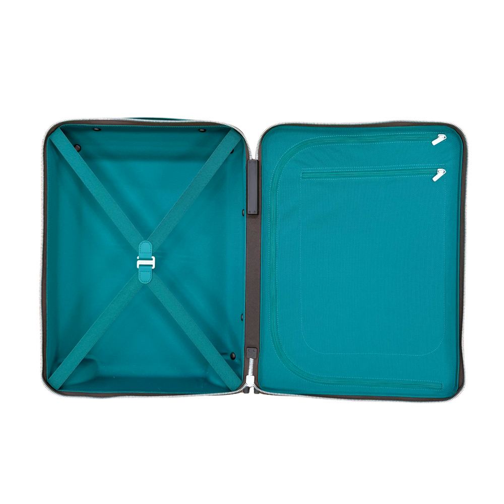 Pre-owned rolling suitcase open, teal interior compartments with handle strap and pockets