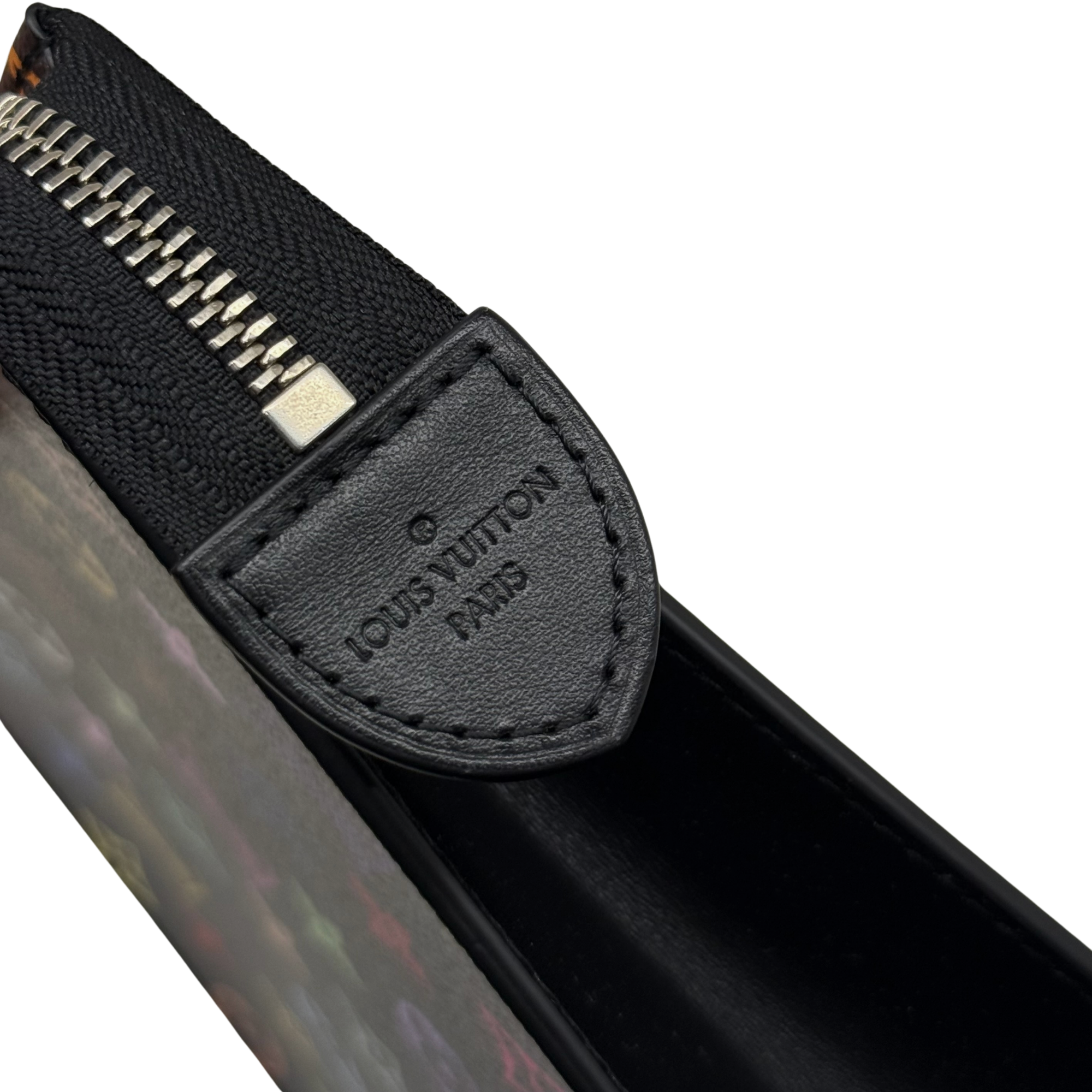 Louis Vuitton zipper pull and stitched label on black leather pouch