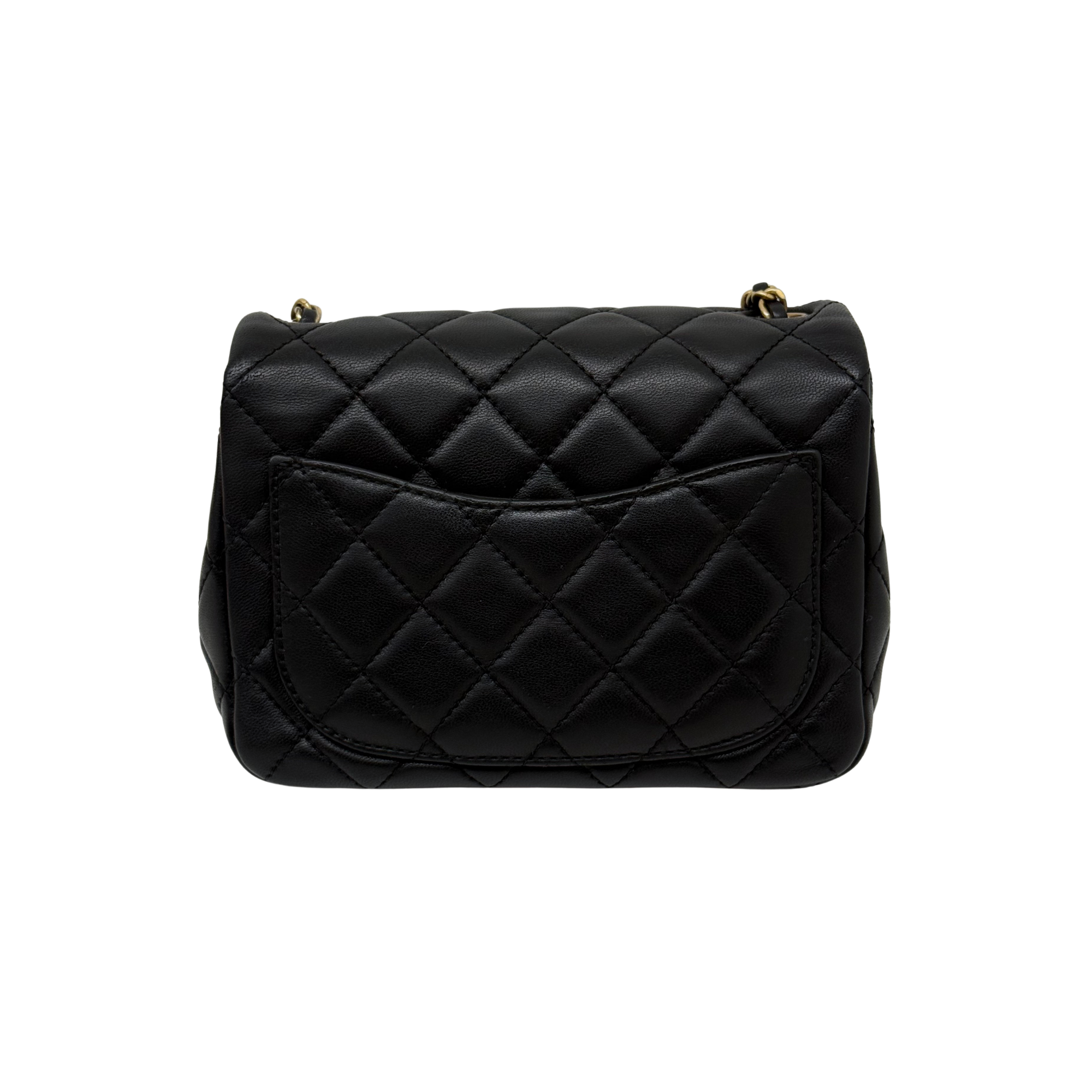 Pre-owned quilted shoulder bag front view, black leather flap with gold hardware and chain straps