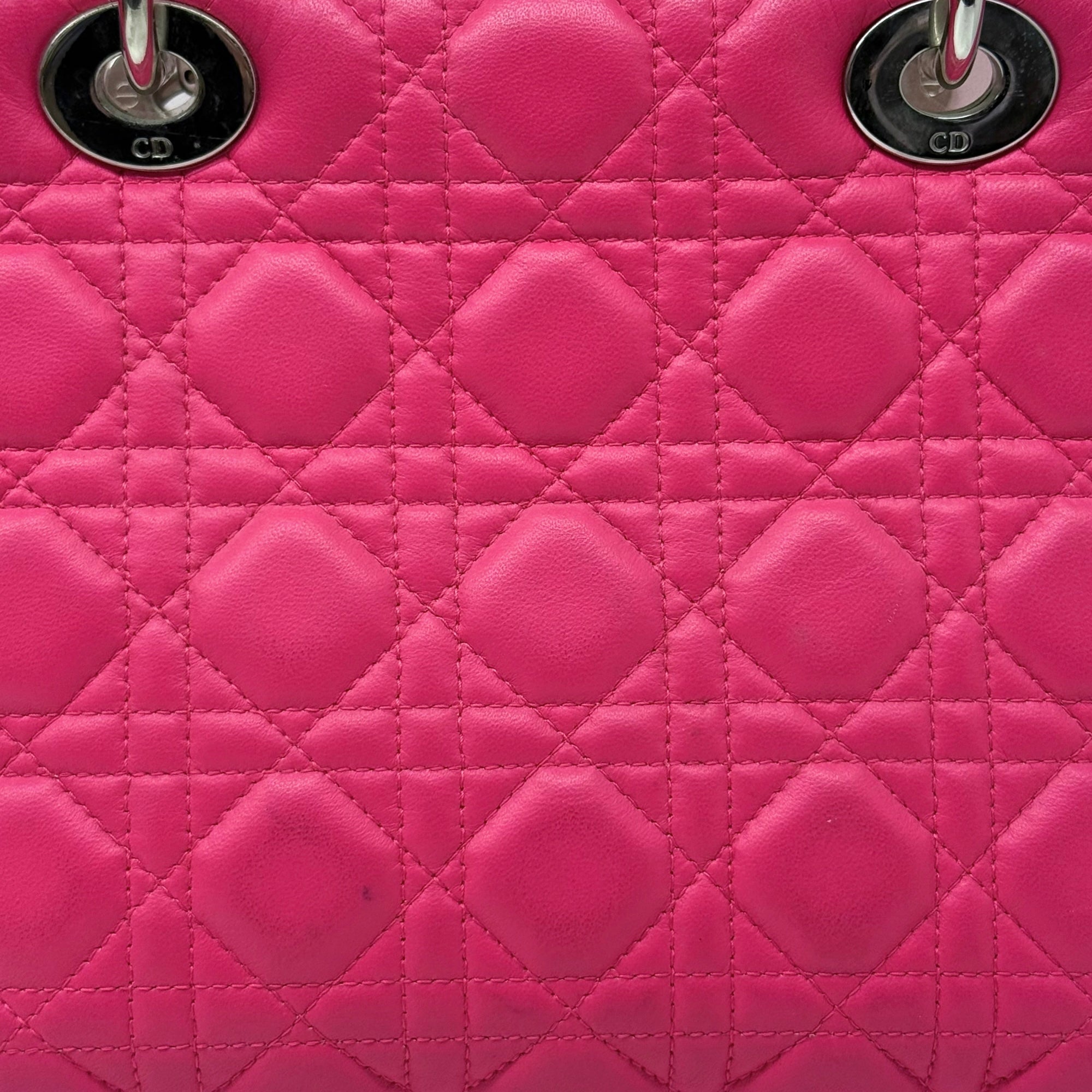 Quilted pink leather tote bag with CD logo metal ring, diamond pattern detail