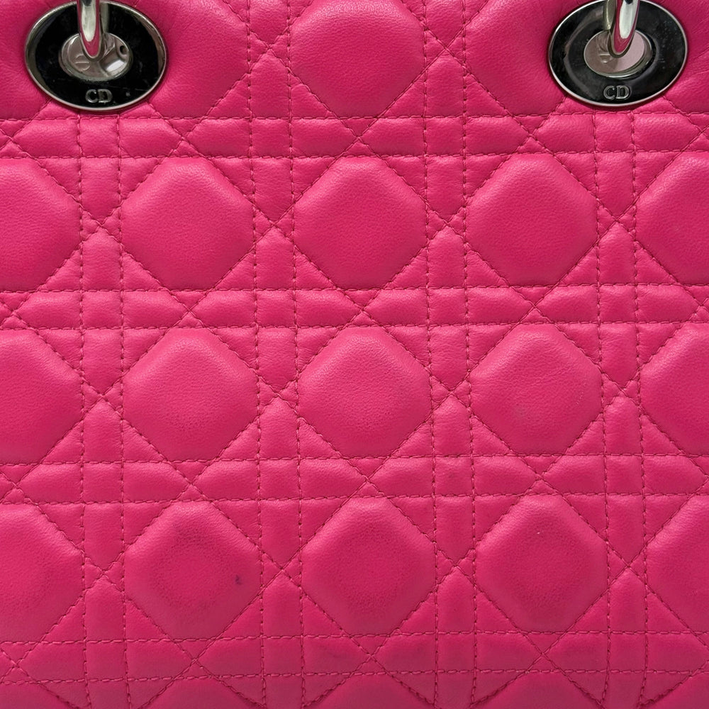 Quilted pink leather tote bag with CD logo metal ring, diamond pattern detail