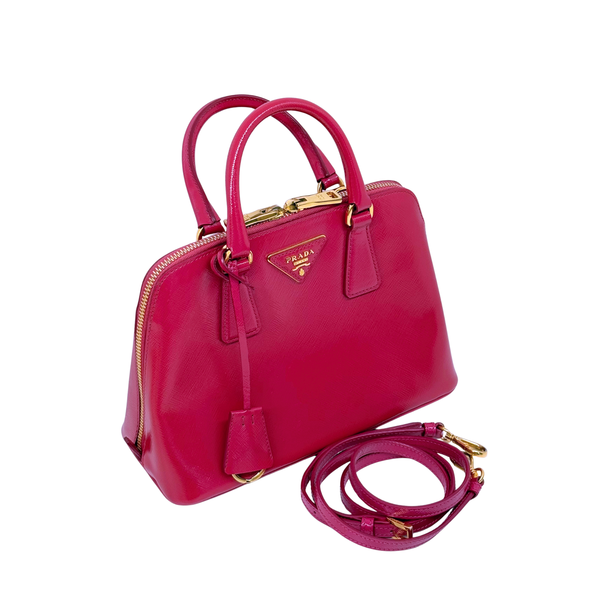 Prada pink handbag with top handles and detachable strap, gold hardware