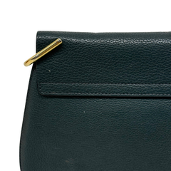 Green leather Drew shoulder bag side view with gold bar clasp