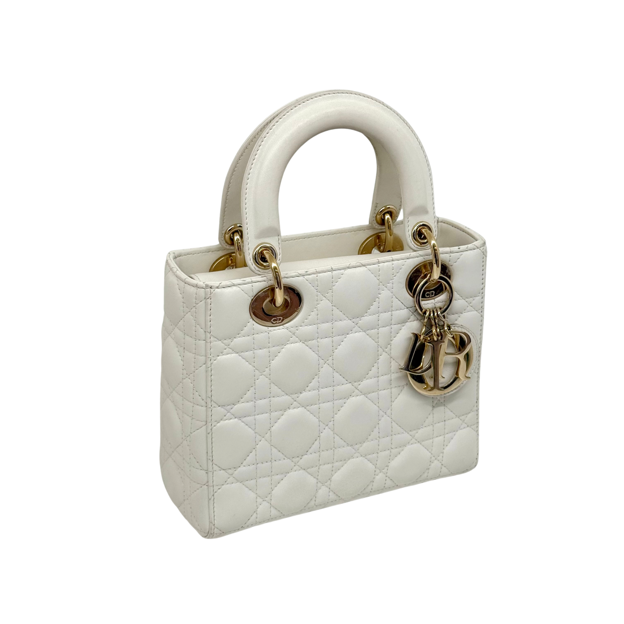Dior Lady Dior Small White Cannage Lambskin Leather Top Handle Bag (pre-owned)