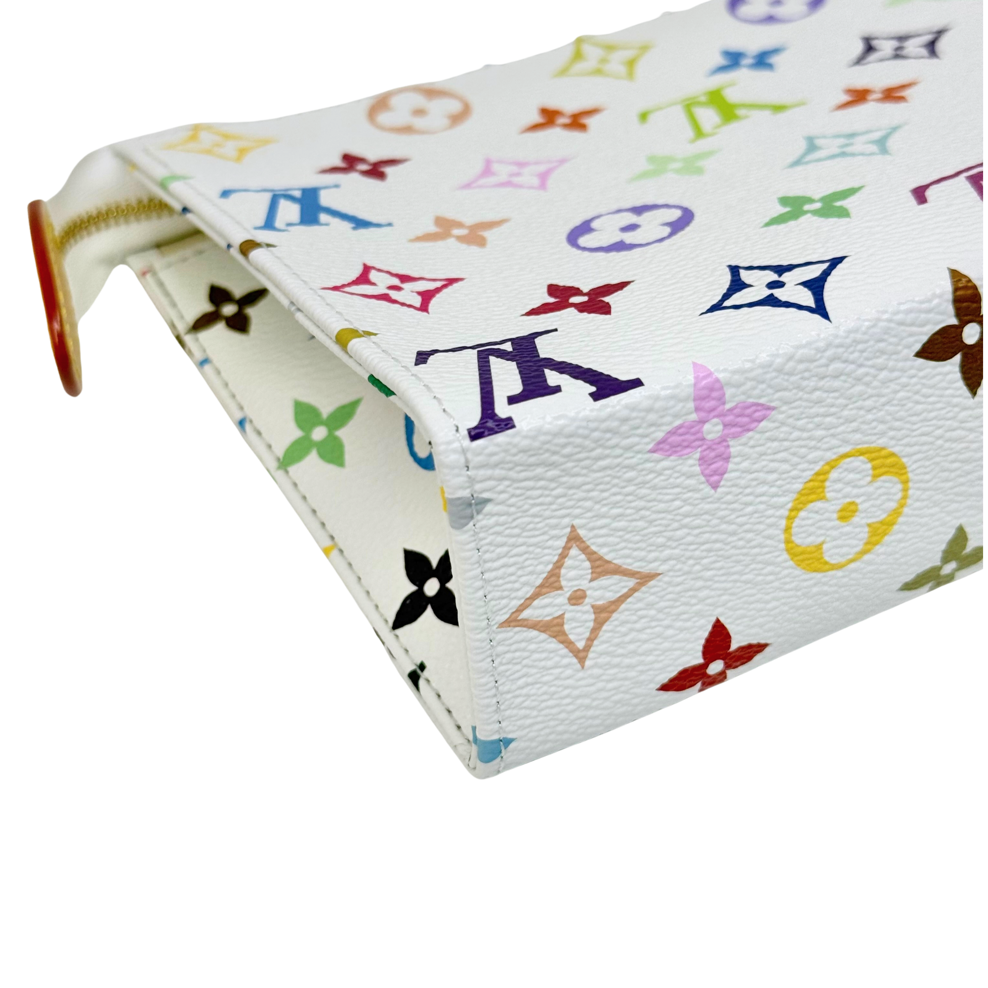 Louis Vuitton pouch side with multicolor monogram and butterfly pattern, gold zipper pull