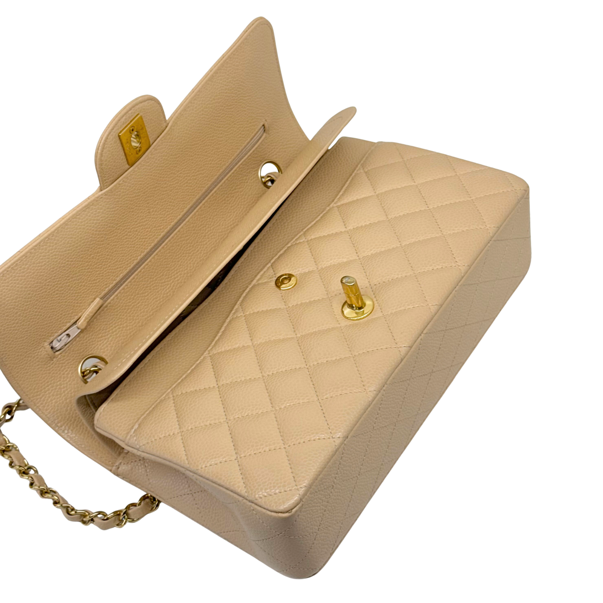 Chanel Beige Quilted Caviar Leather Medium Classic Double Flap Bag microchipped (pre-owned)