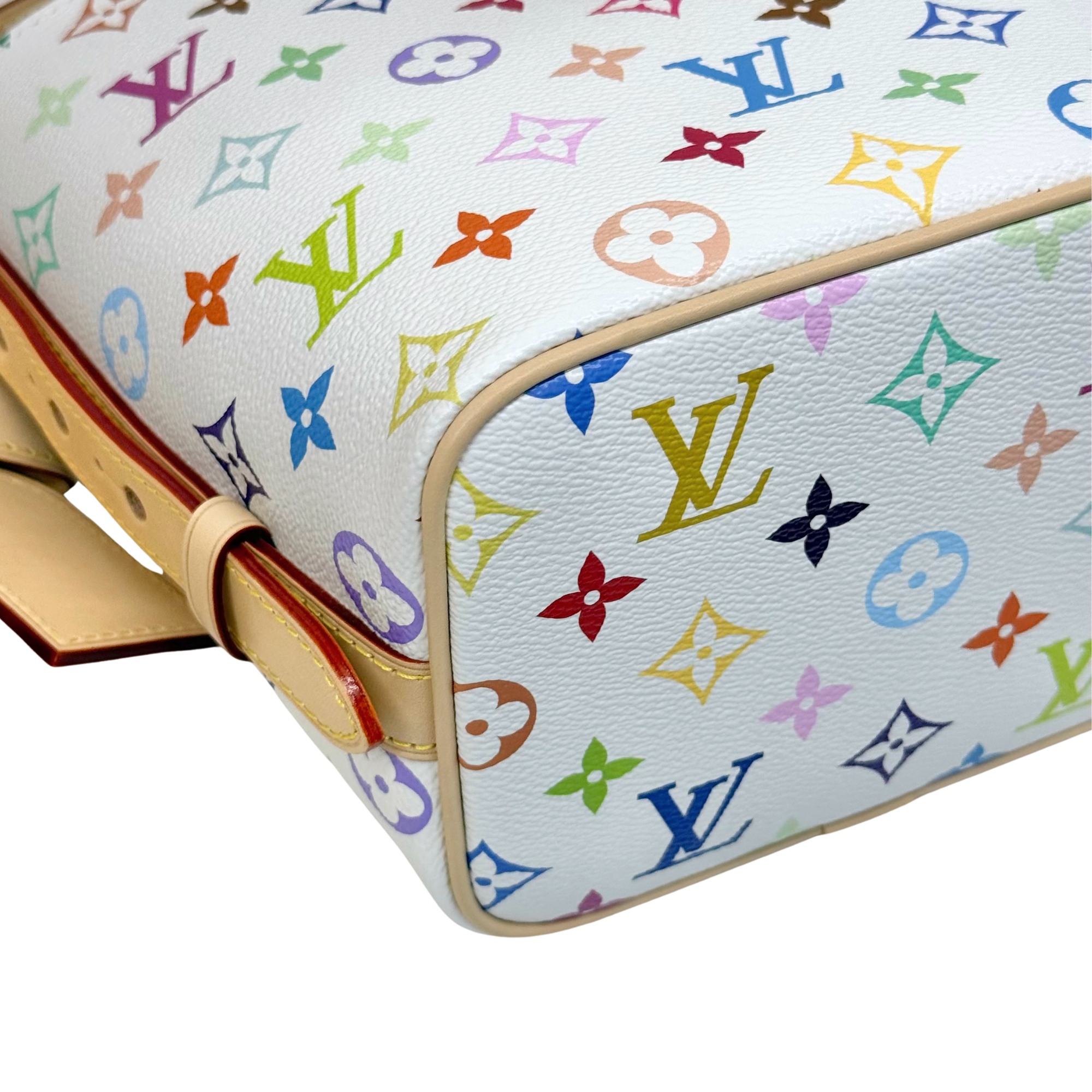 Louis Vuitton multicolor mini bag side view with tan handle base and rounded corner