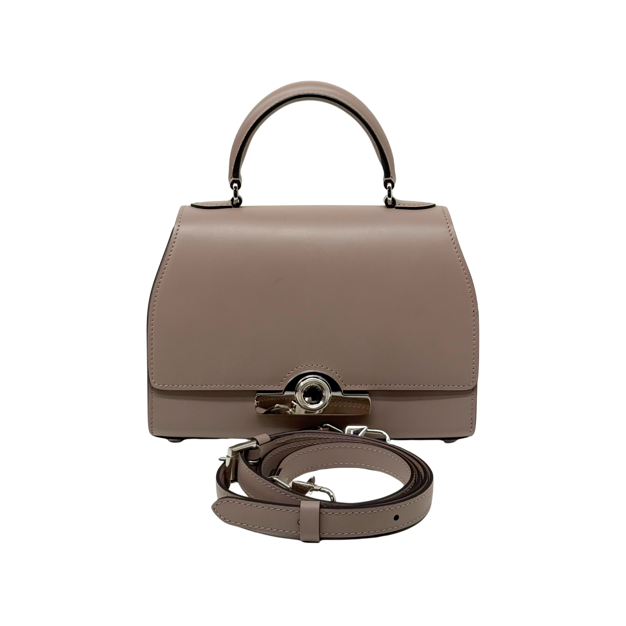 Moynat taupe leather handbag with rounded top handle, front clasp, and shoulder strap