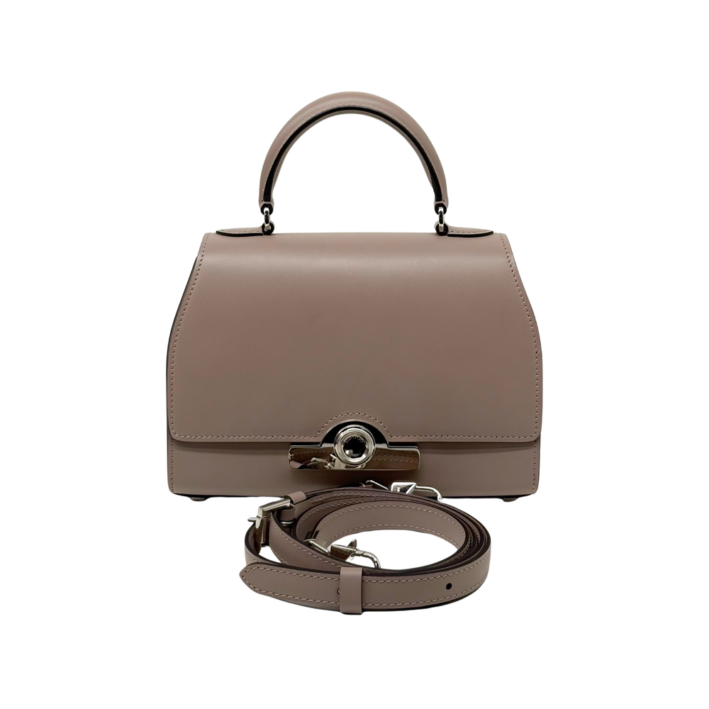 Moynat taupe leather handbag with rounded top handle, front clasp, and shoulder strap