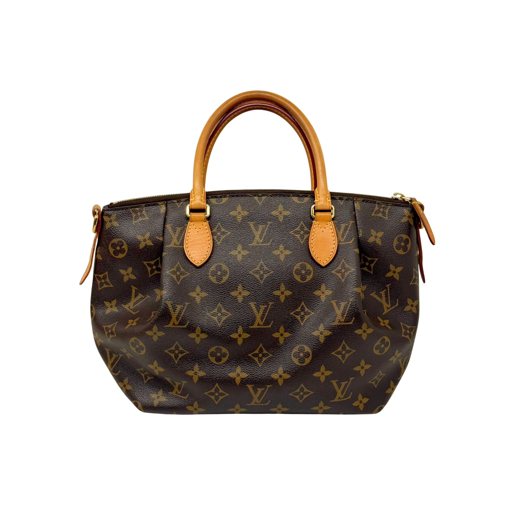 Louis Vuitton monogram handbag front with leather handles and side tie details