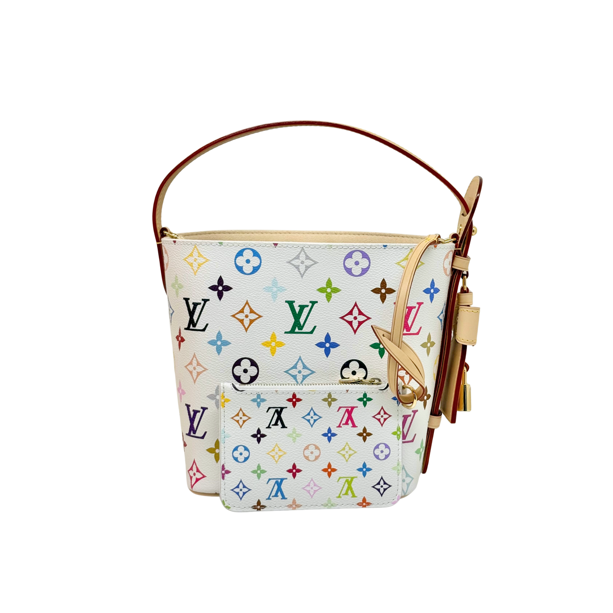 Multicolor monogram zip pouch with tan handle strap and decorative hardware