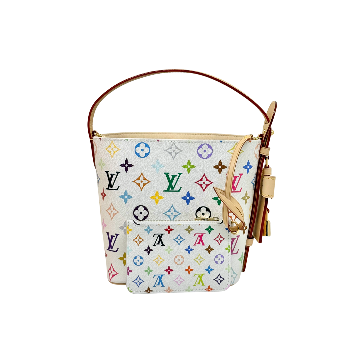 Multicolor monogram zip pouch with tan handle strap and decorative hardware