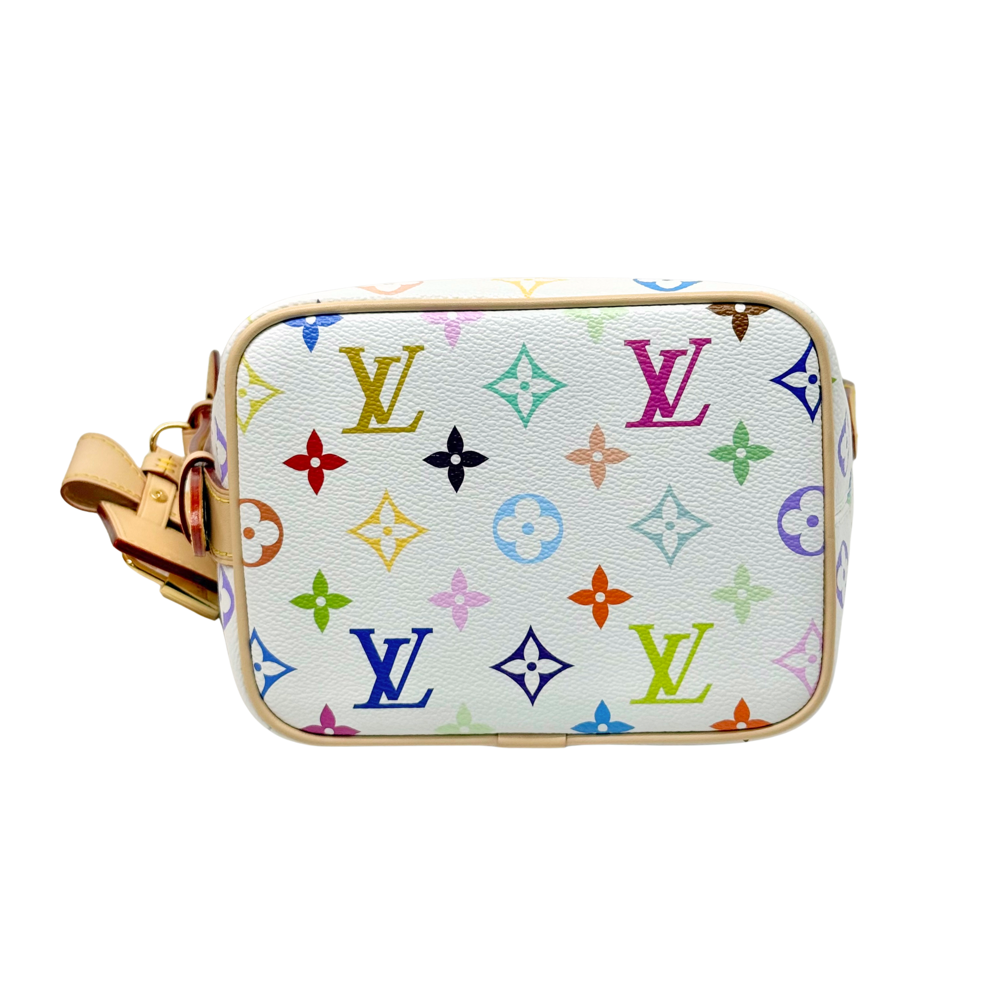 Louis Vuitton multicolor mini crossbody bag with tan trim and top handle