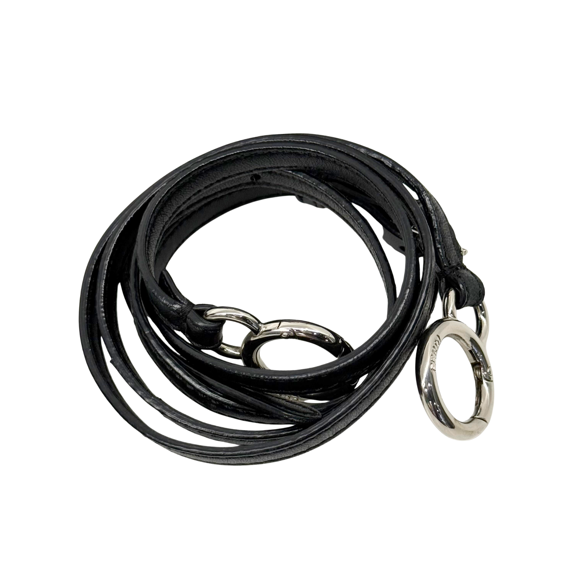 Black leather crossbody strap with silver rings