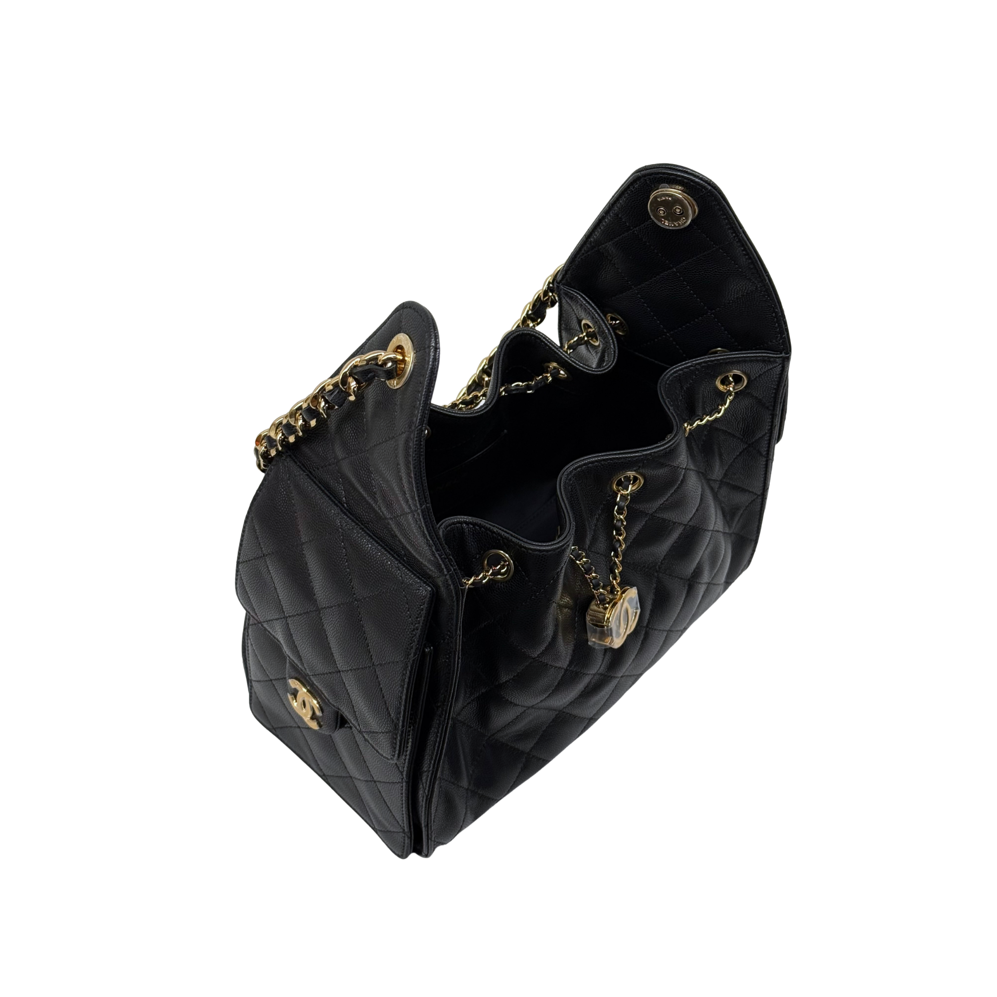 Black quilted handbag with gold chain straps and top opening detail