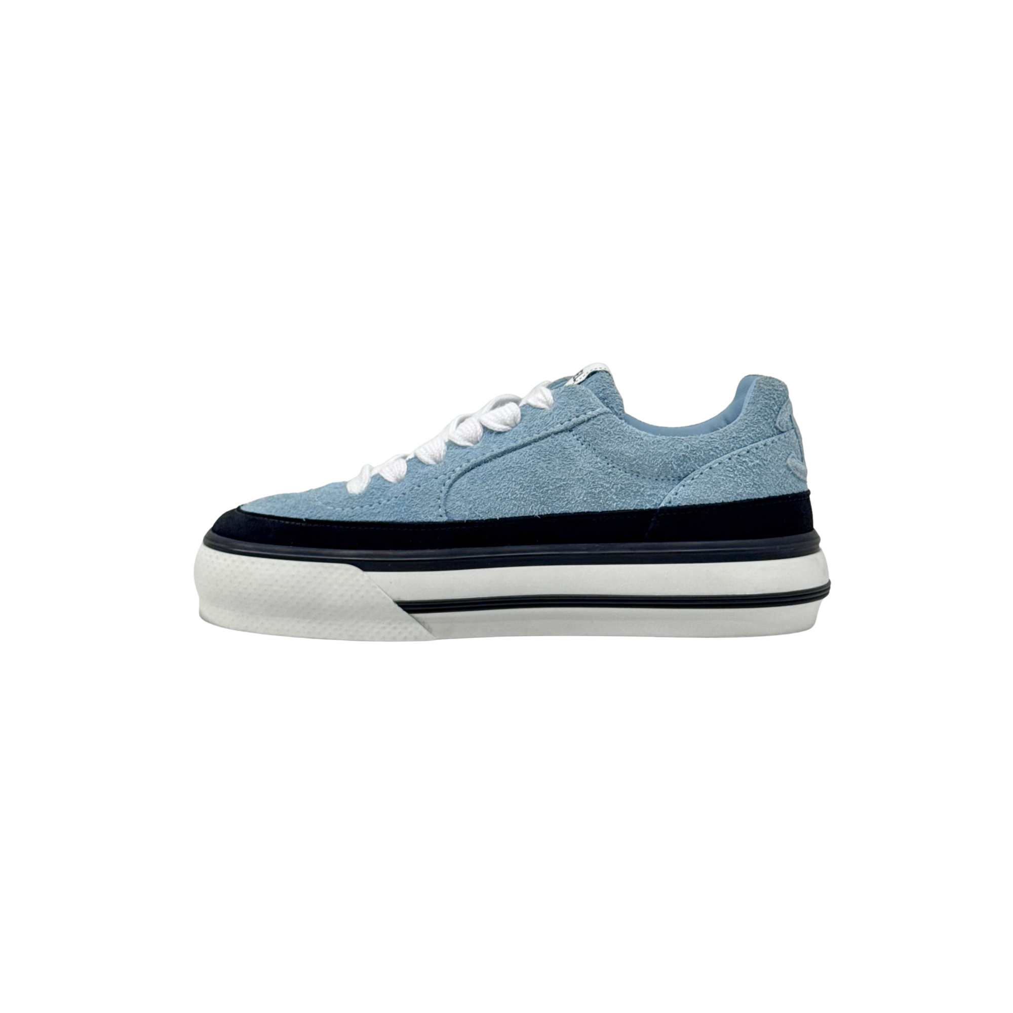 Blue suede low-top sneaker with white laces, black toe cap, and white sole