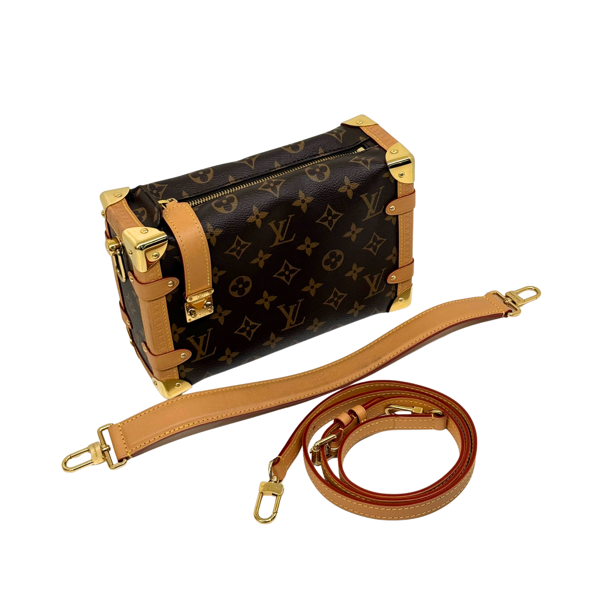 Louis Vuitton monogram mini bag with detachable crossbody strap and gold-tone buckle hardware