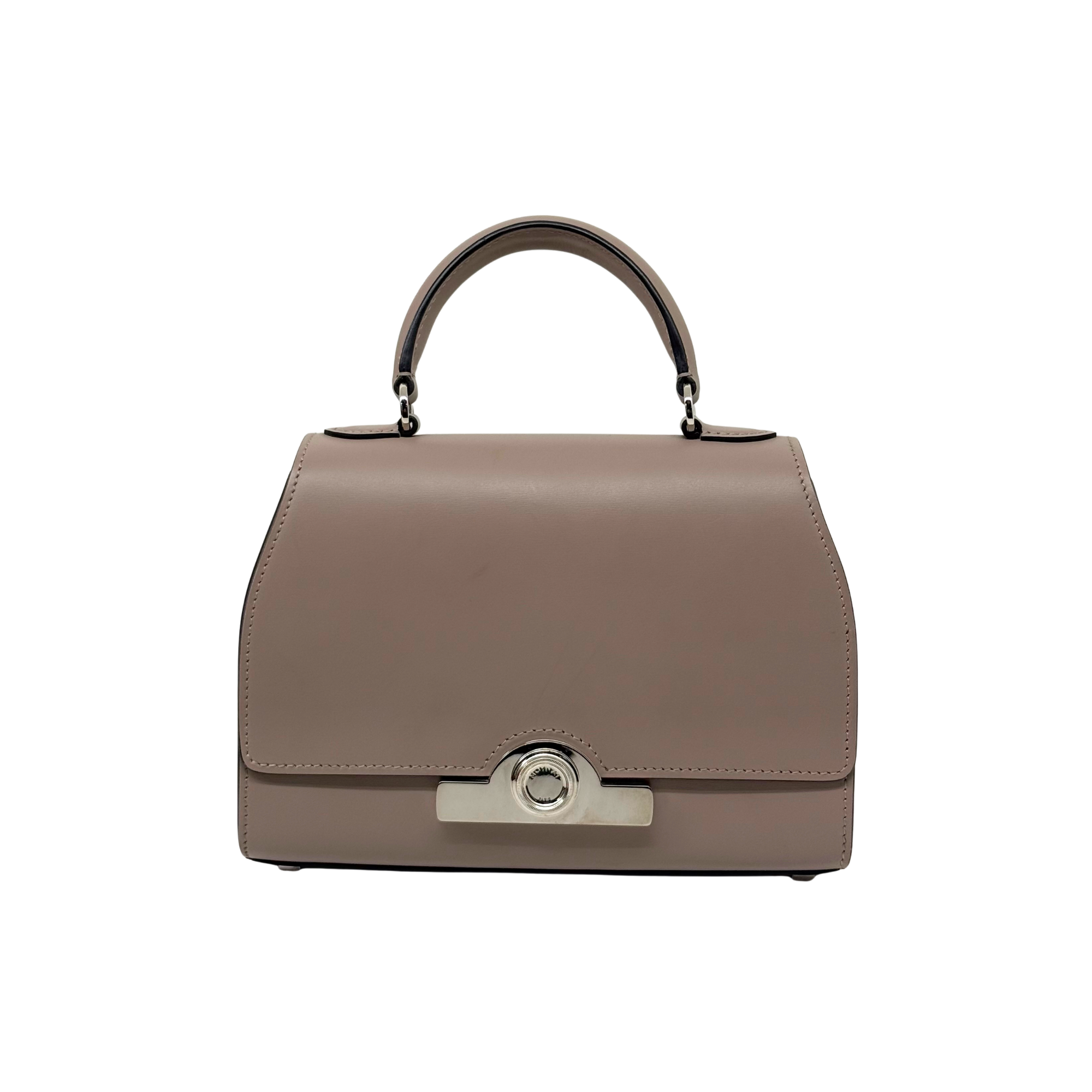 Taupe leather top-handle handbag with flap, rounded shape, and silver turn-lock clasp