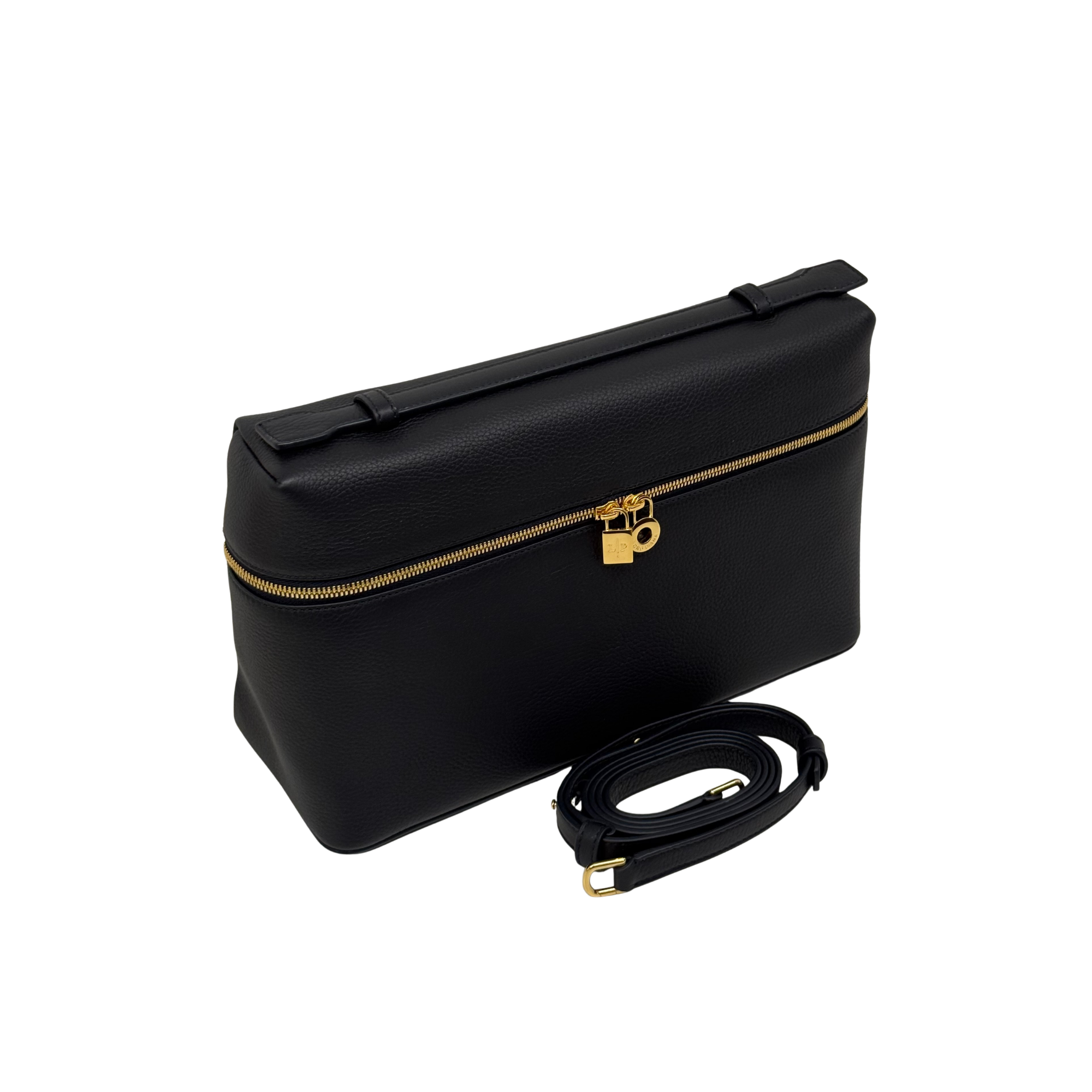 Black leather rectangular zip pouch with gold zipper and top handle