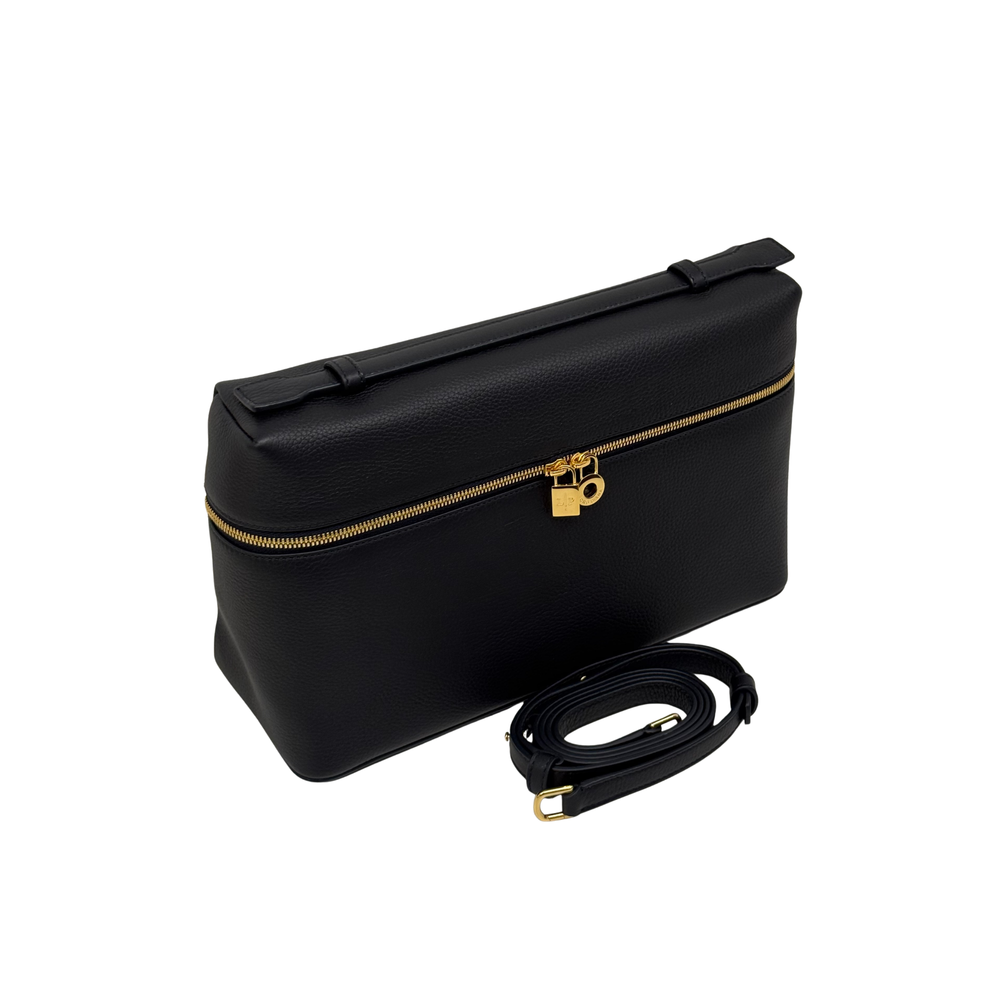Black leather rectangular zip pouch with gold zipper and top handle