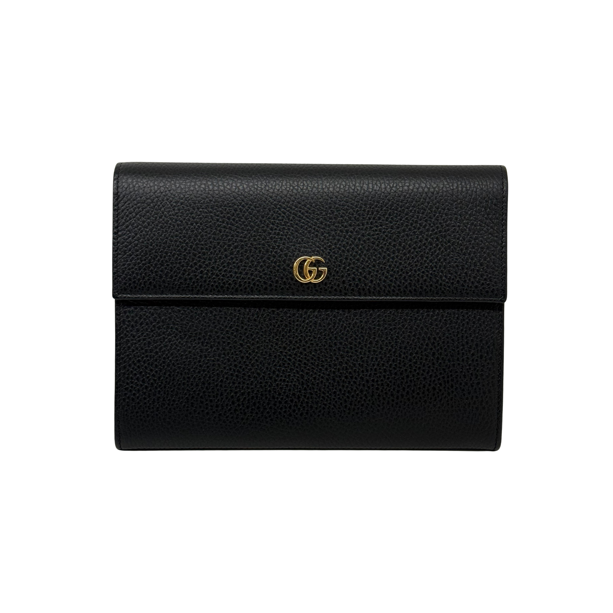 Pre-owned Gucci black textured leather flap wallet with gold GG logo