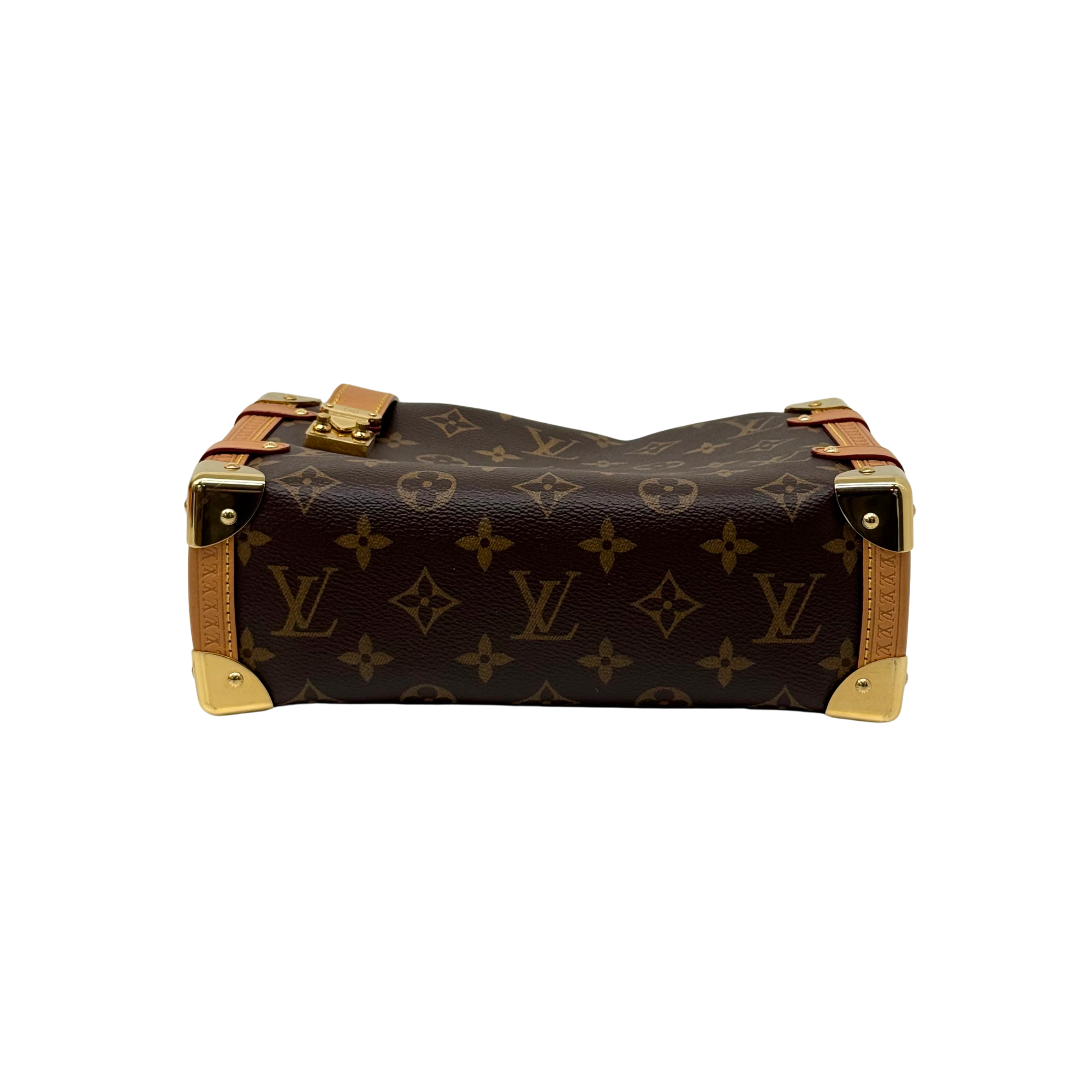 Louis Vuitton monogram handbag with tan leather trim and brass-tone hardware
