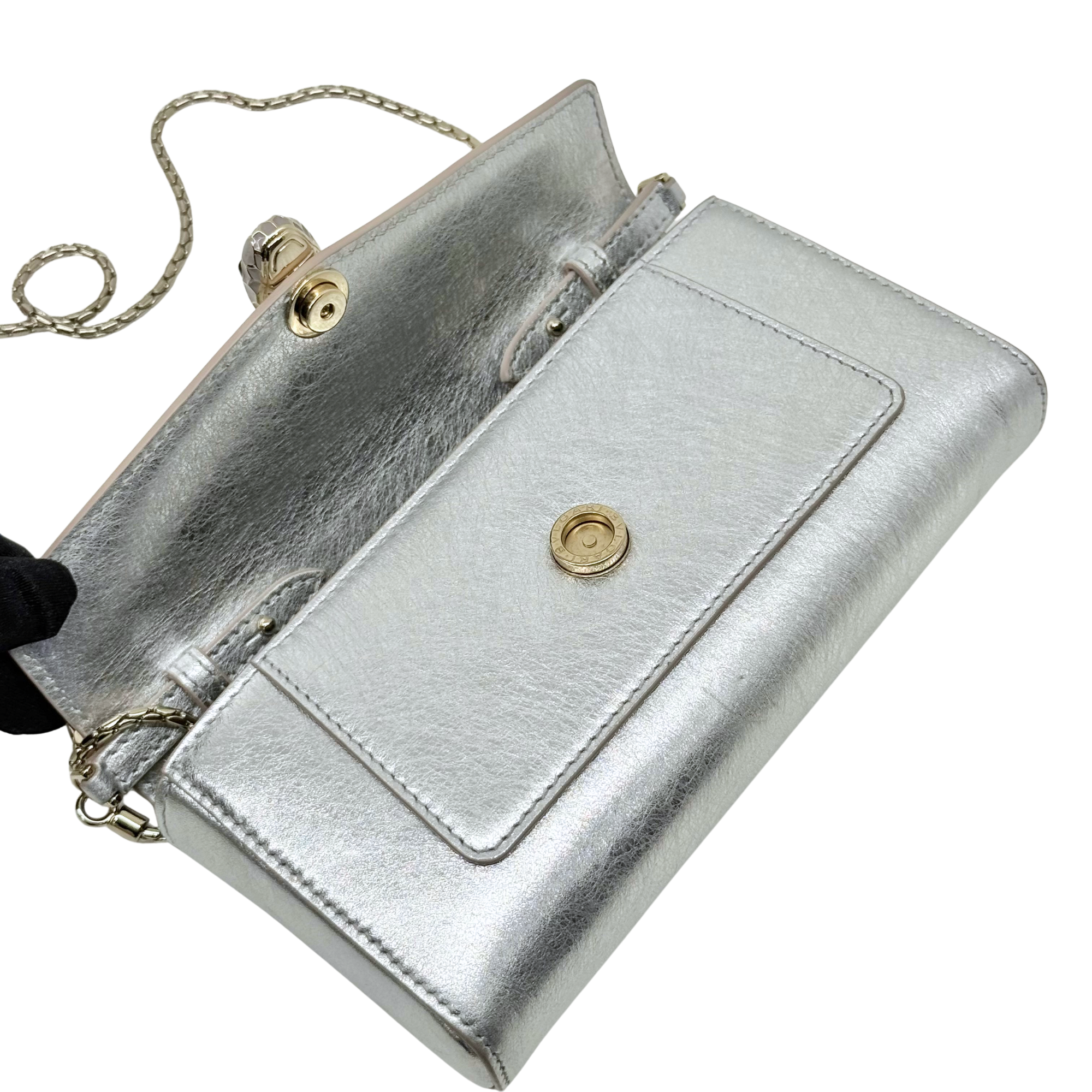 Pre-owned Bulgari silver metallic leather flap bag with gold snap button and pocket panel