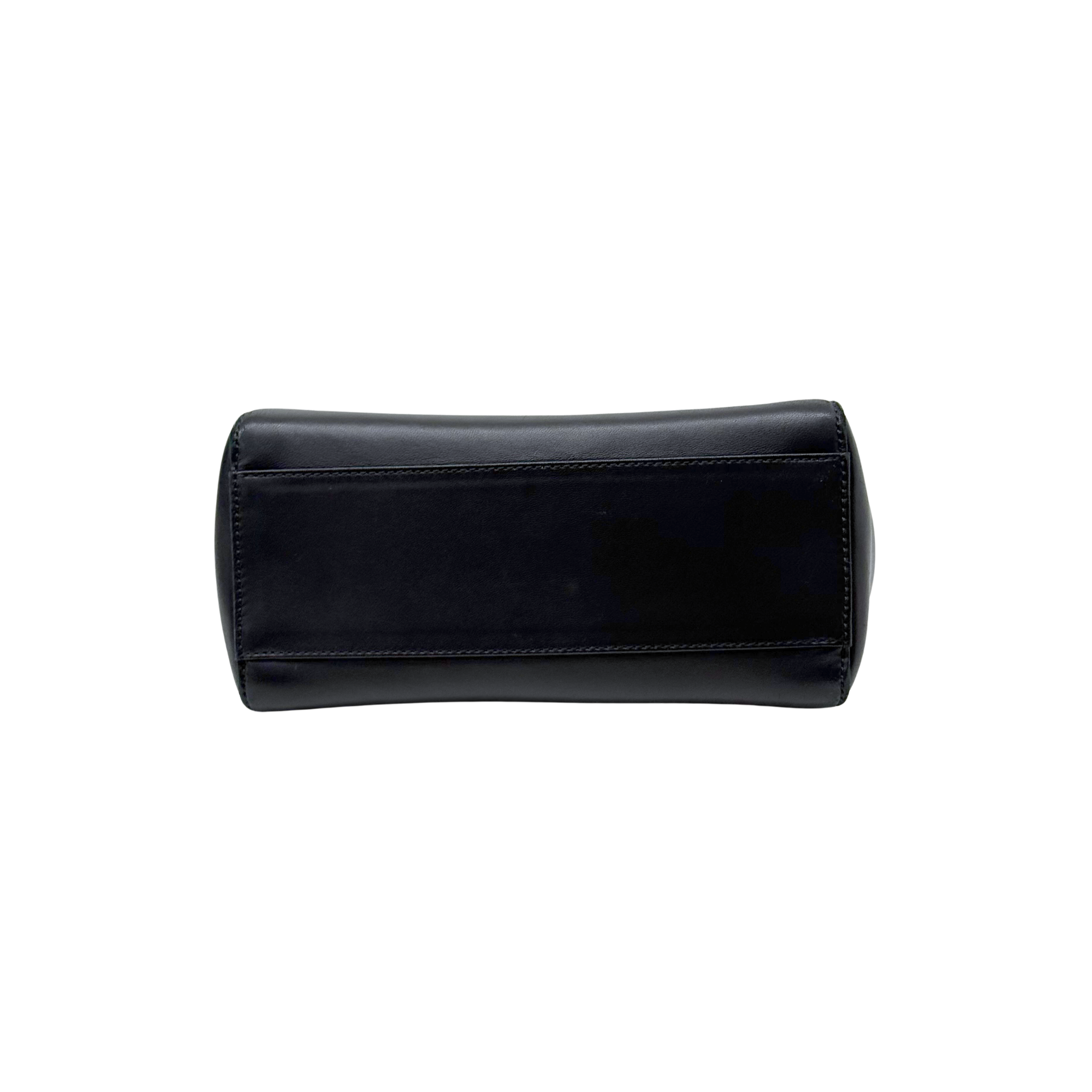 Black leather handbag clutch with flat front panel and stitching