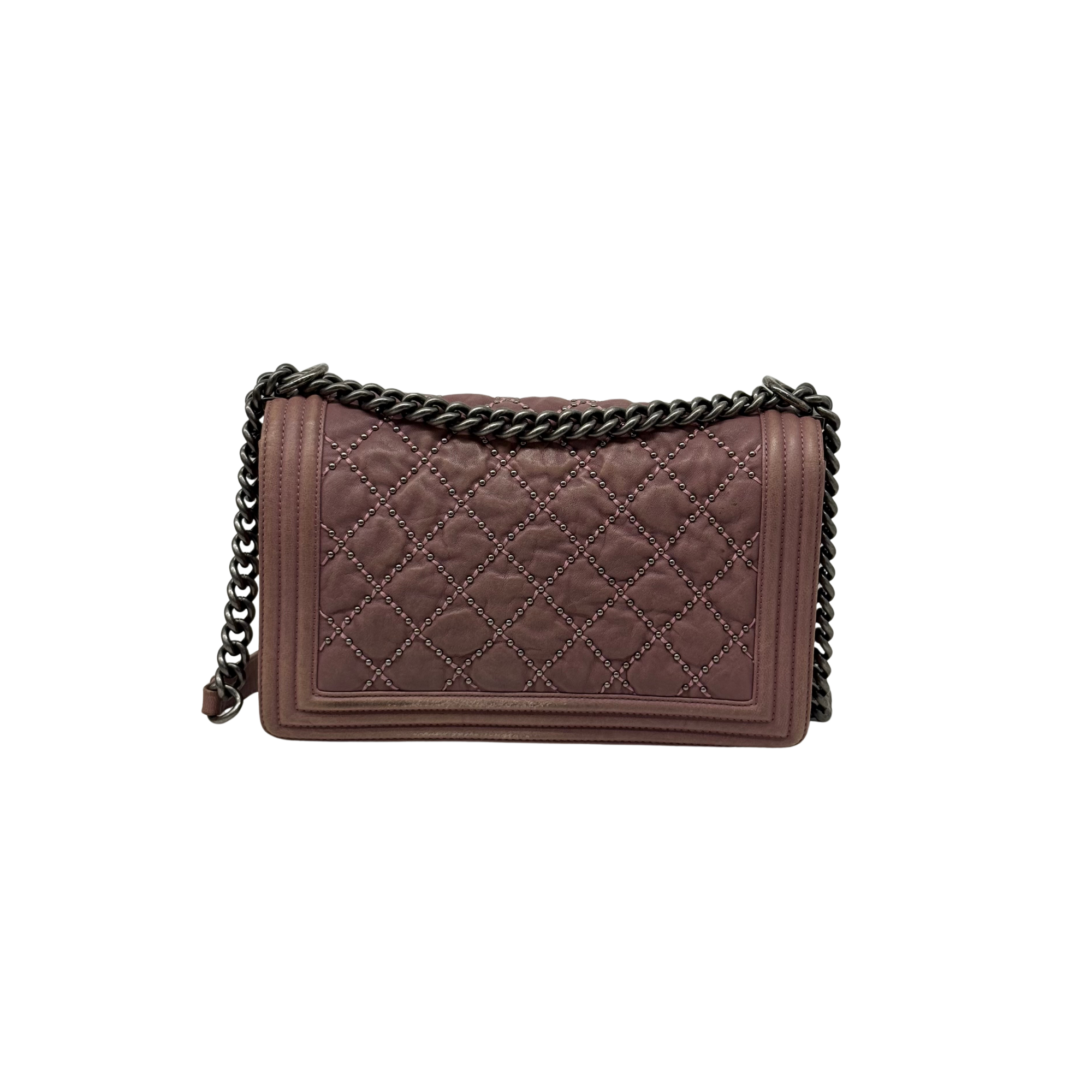 Chanel 2015-2016 Crumpled Lambskin Medium Studded Boy Flap Pink (pre-owned)