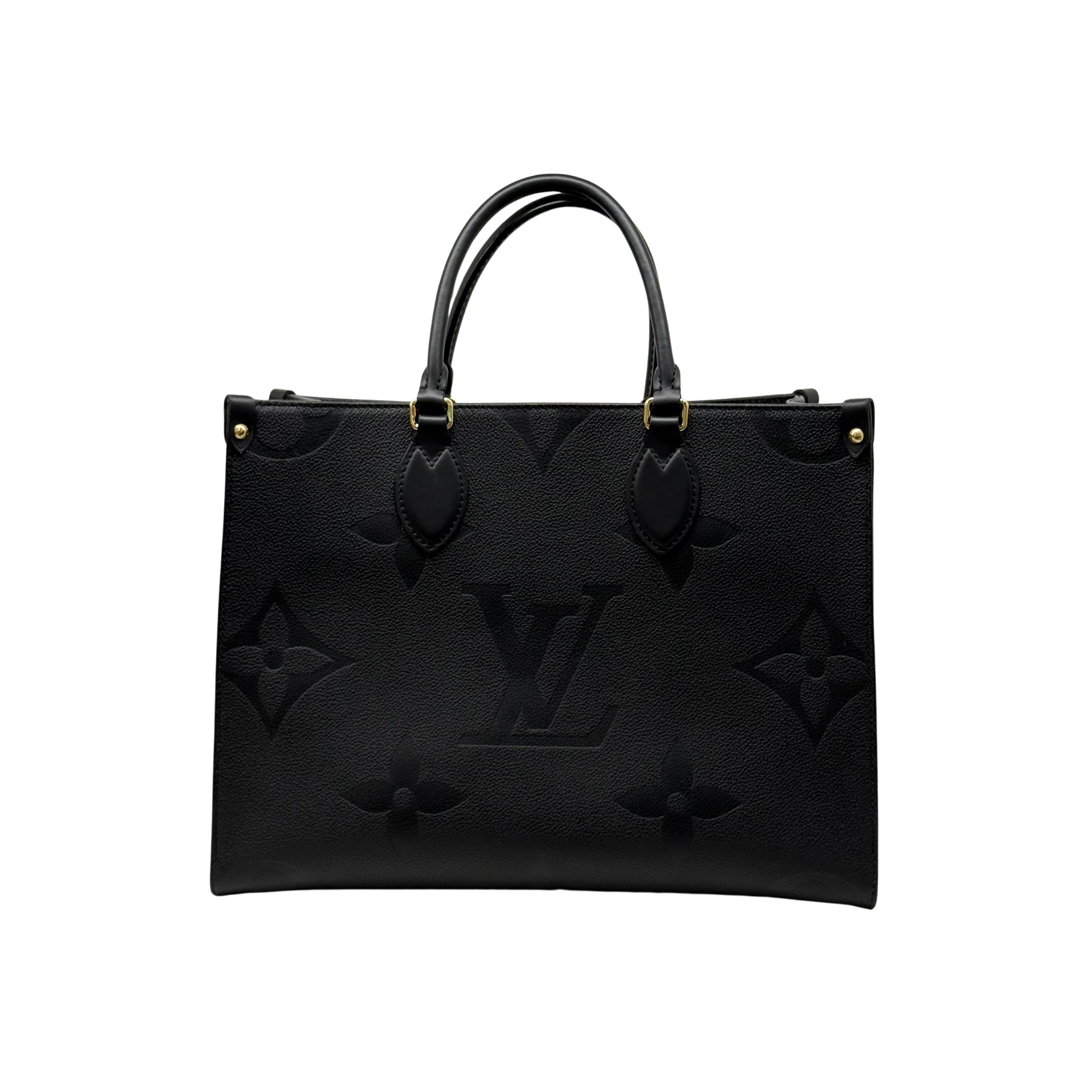 Louis Vuitton black monogram tote bag with dual top handles and structured rectangular shape