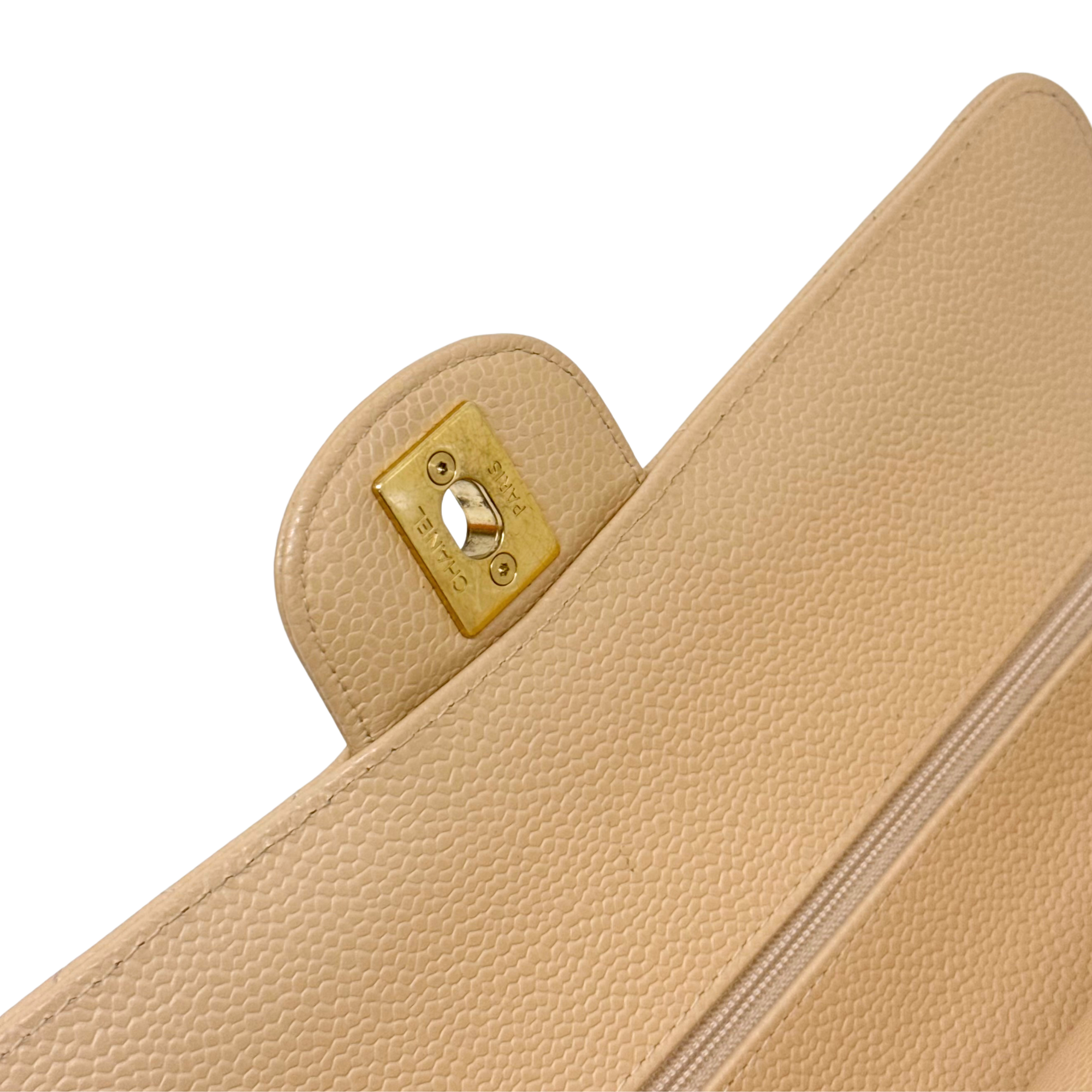 Chanel Beige Quilted Caviar Leather Medium Classic Double Flap Bag microchipped (pre-owned)
