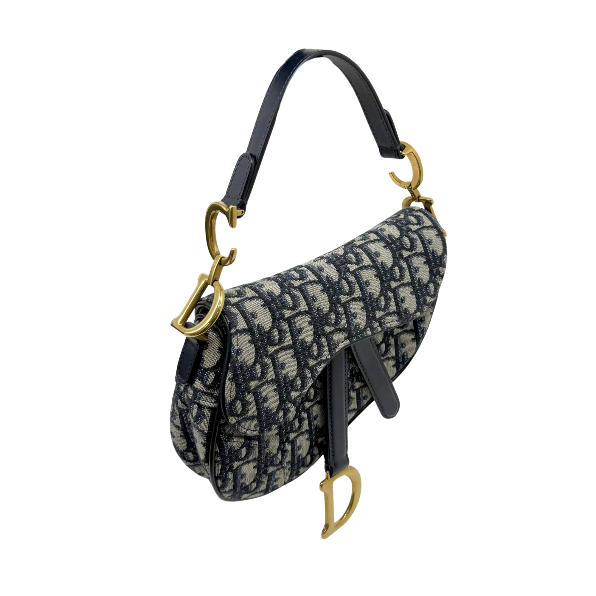 Dior monogram crossbody bag, flap top, navy pattern, gold-tone hardware, shoulder strap
