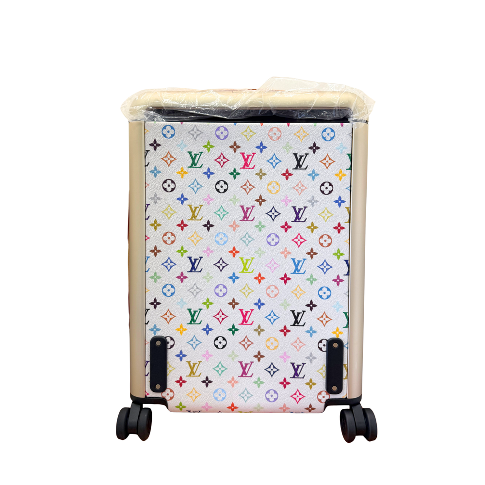Louis Vuitton monogram suitcase with black wheels and multicolor all-over pattern