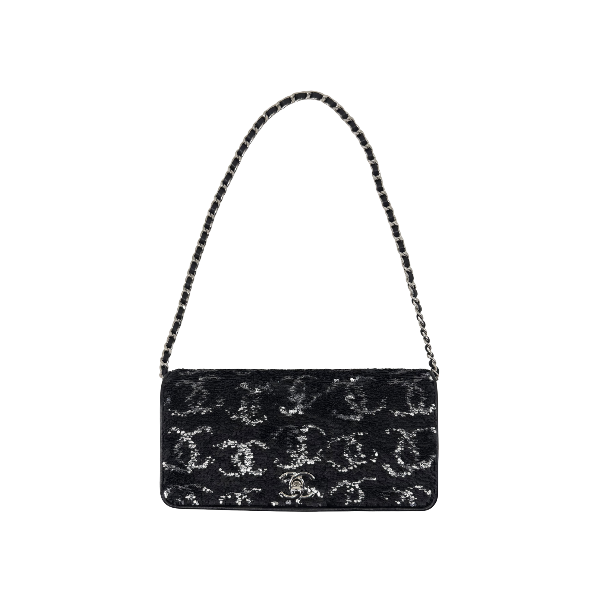 Chanel 23B Black Silver CC Logo Sequin Clutch On Chain Silver Hardware microchipped (pre-owned)
