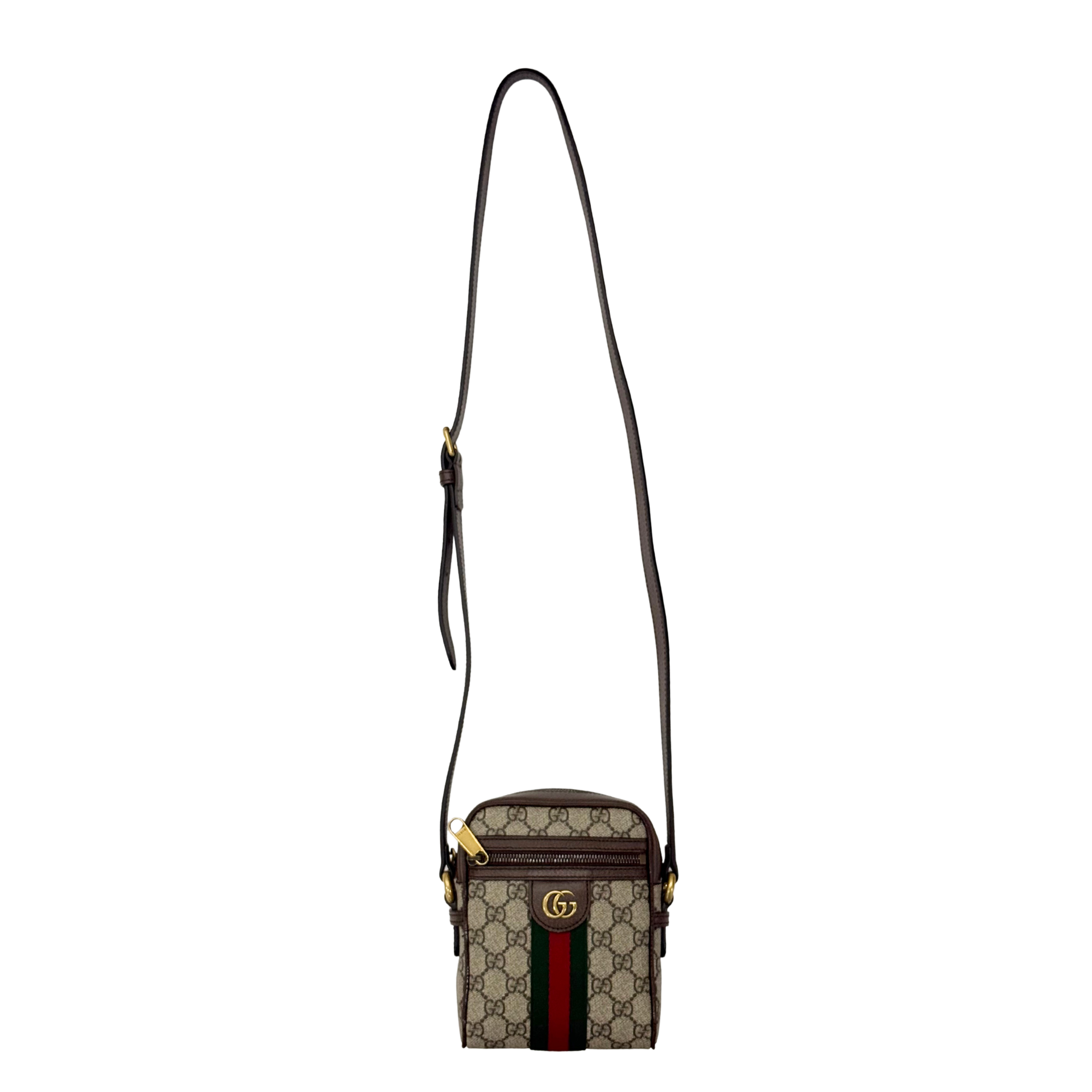 Gucci GG canvas small crossbody bag with vertical web stripe and adjustable shoulder strap