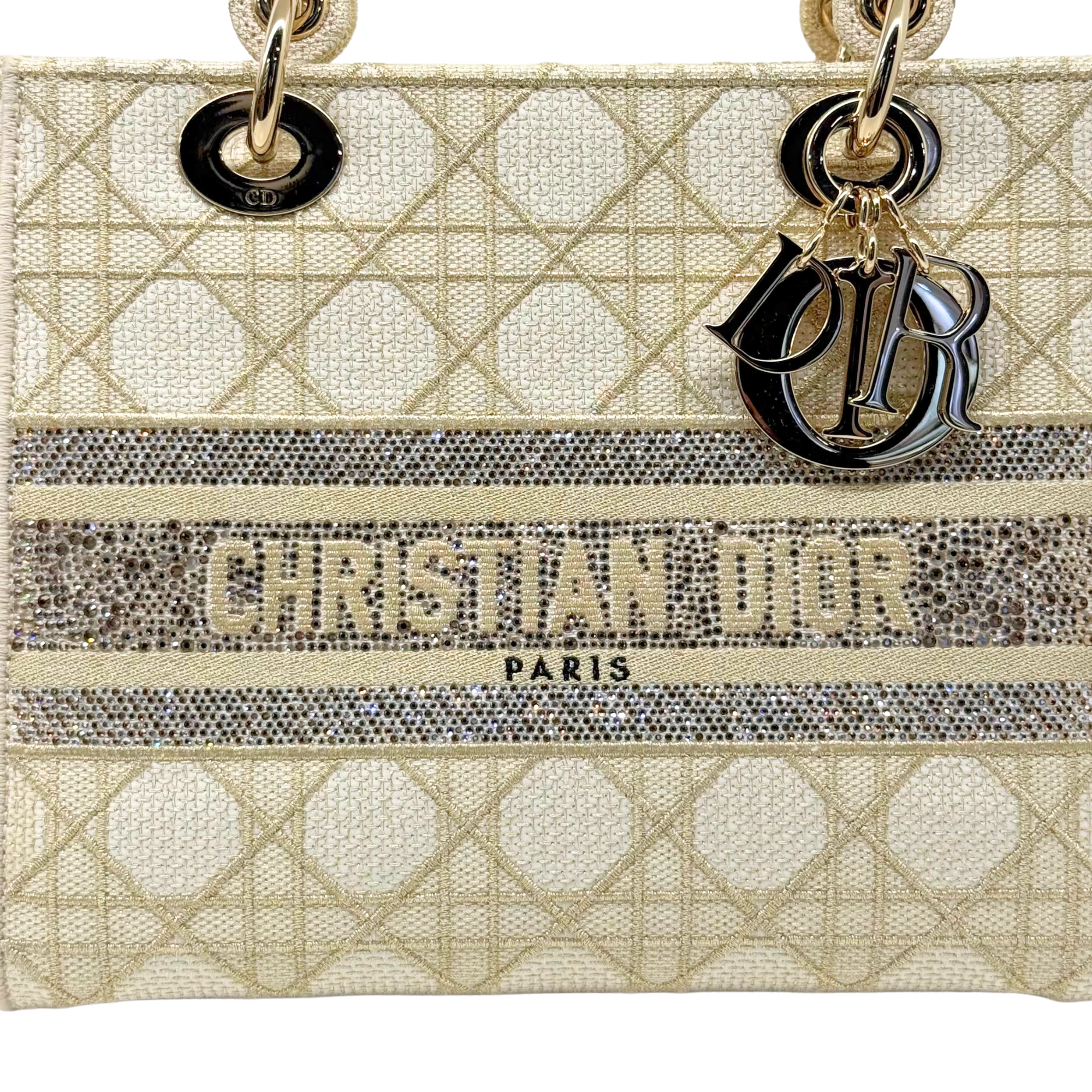Christian Dior Medium Lady D-Lite bag front band with engraved-style logo and gold-tone charms