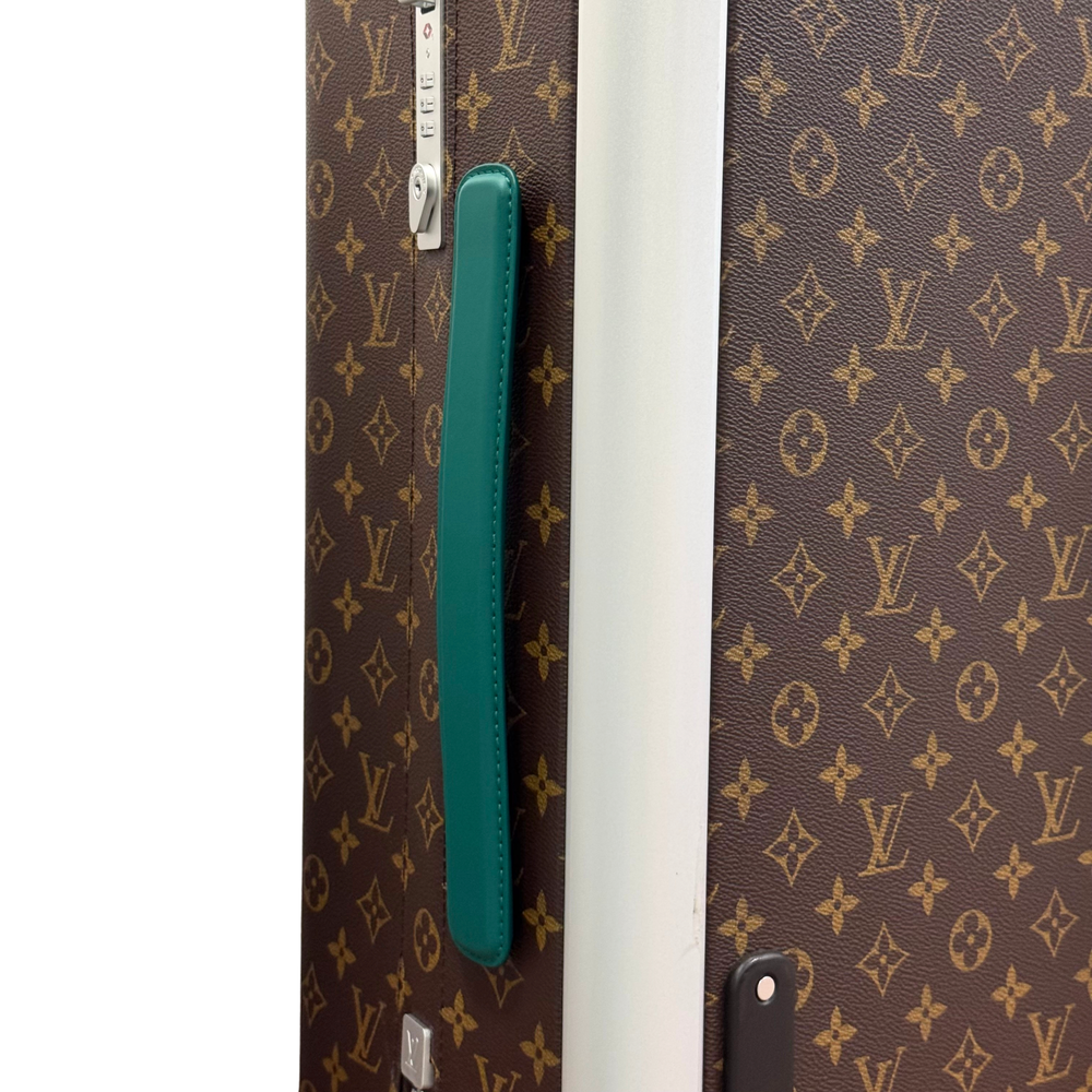 Pre-owned rolling suitcase side, teal strap and monogram pattern with metal hardware