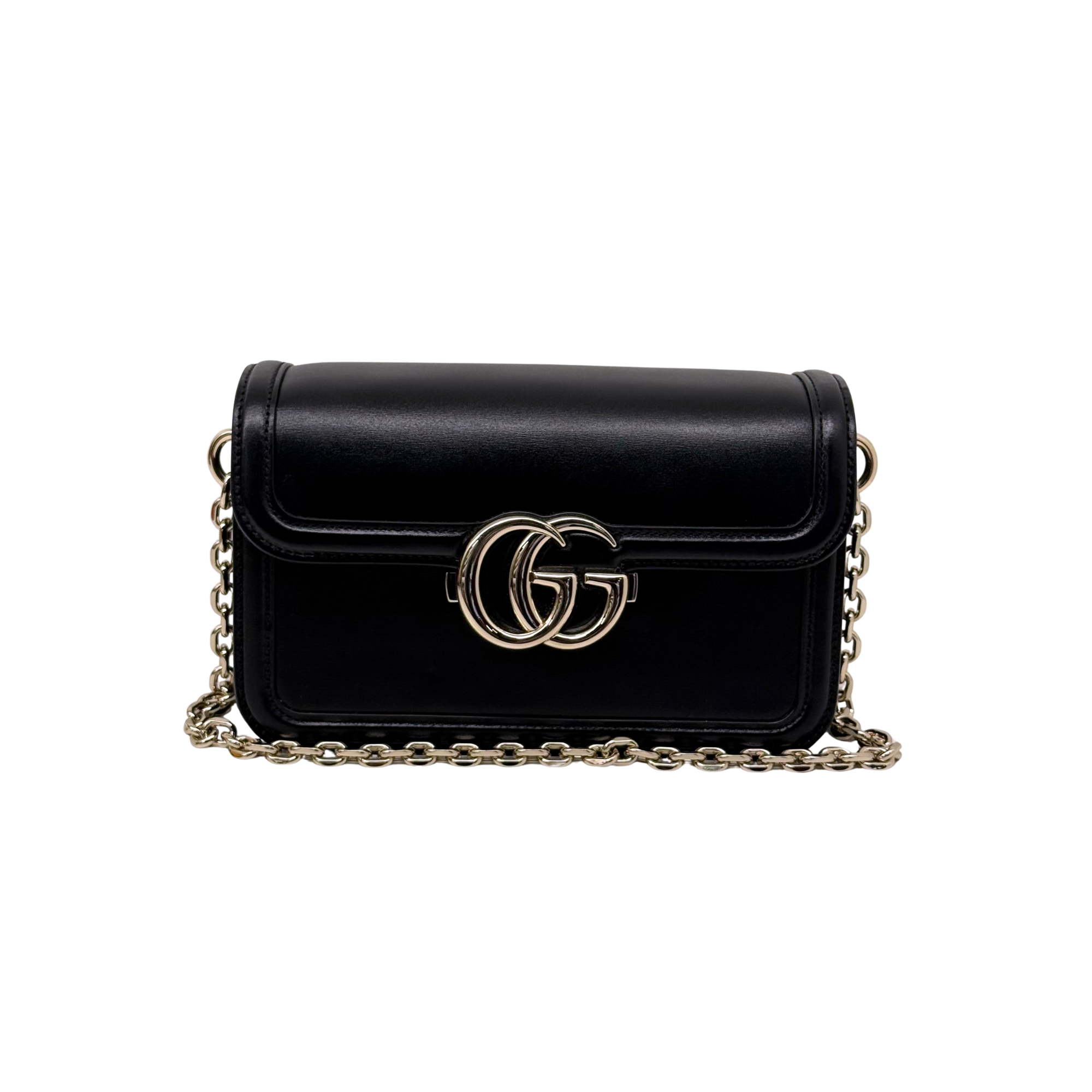 Black leather shoulder bag with GG front clasp and gold-tone chain strap
