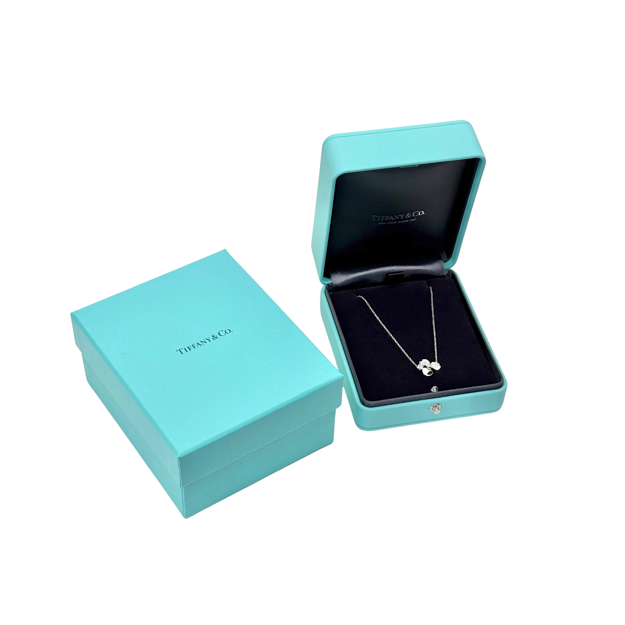 Tiffany & Co. necklace set in turquoise gift box with black insert and silver-tone chain