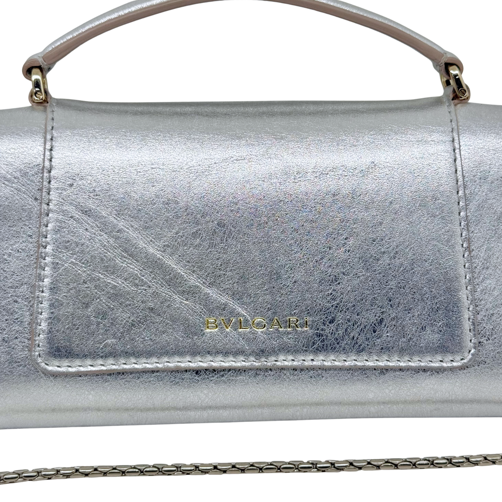 Pre-owned Bulgari silver metallic leather flap front with BVLGARI logo and stitching