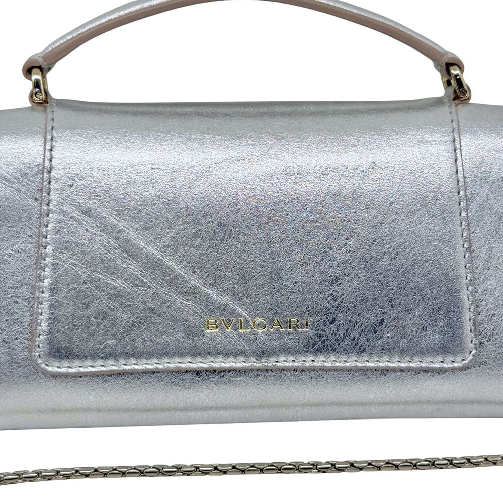 Pre-owned Bulgari silver metallic leather flap front with BVLGARI logo and stitching